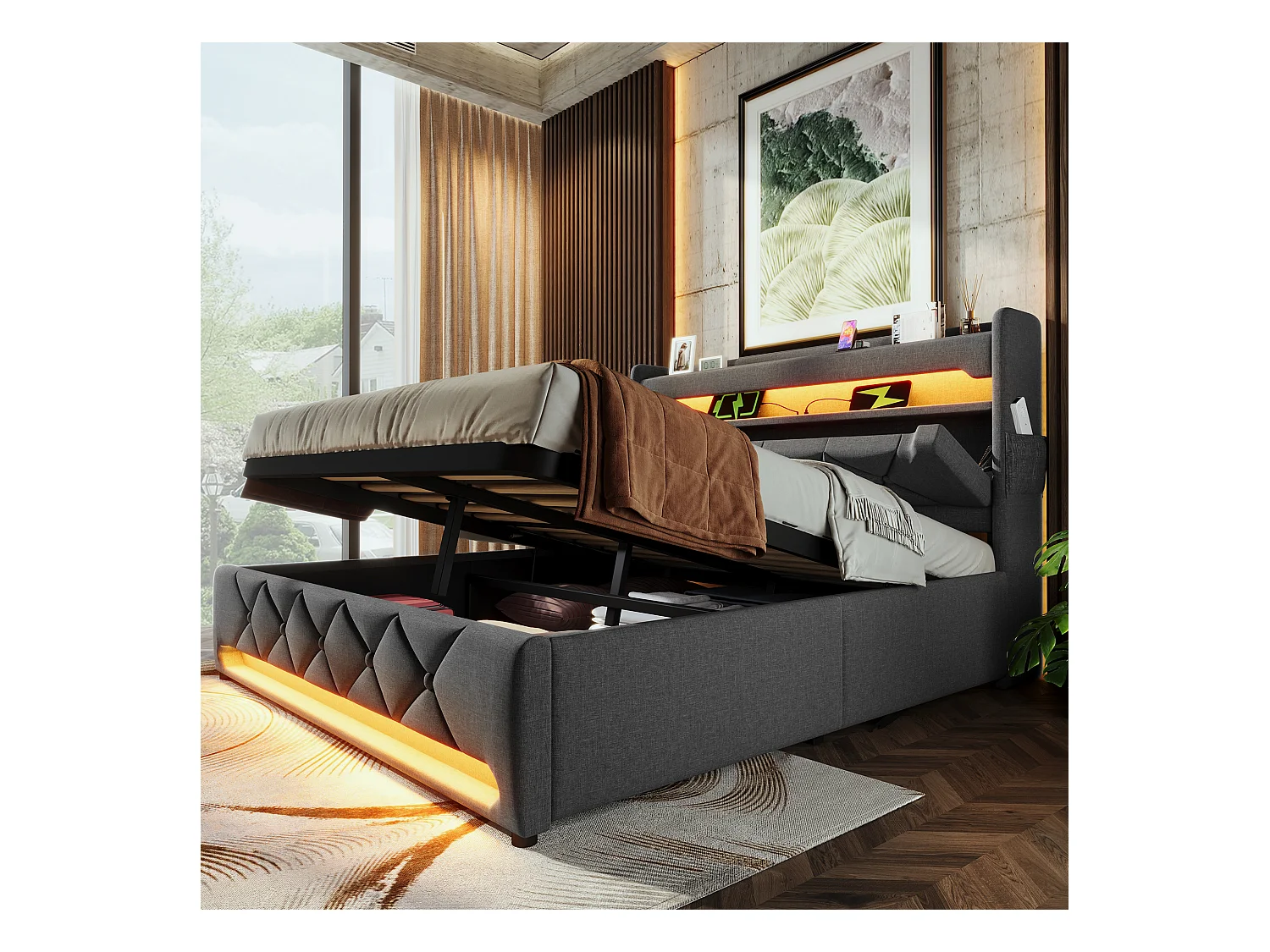 Lit tapissier double 160×200cm : Tête rangement (USB/Typ-C), LED 360° surround (tête/pied), rangement hydraulique, gris, lin (sans matelas)