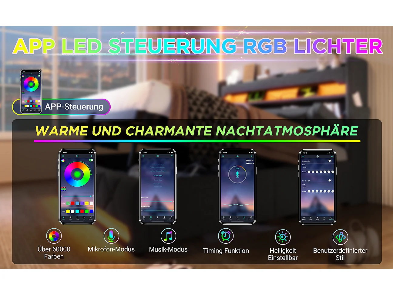 Lit tapissier double 160×200cm : Tête rangement (USB/Typ-C), LED 360° surround (tête/pied), rangement hydraulique, gris, lin (sans matelas)