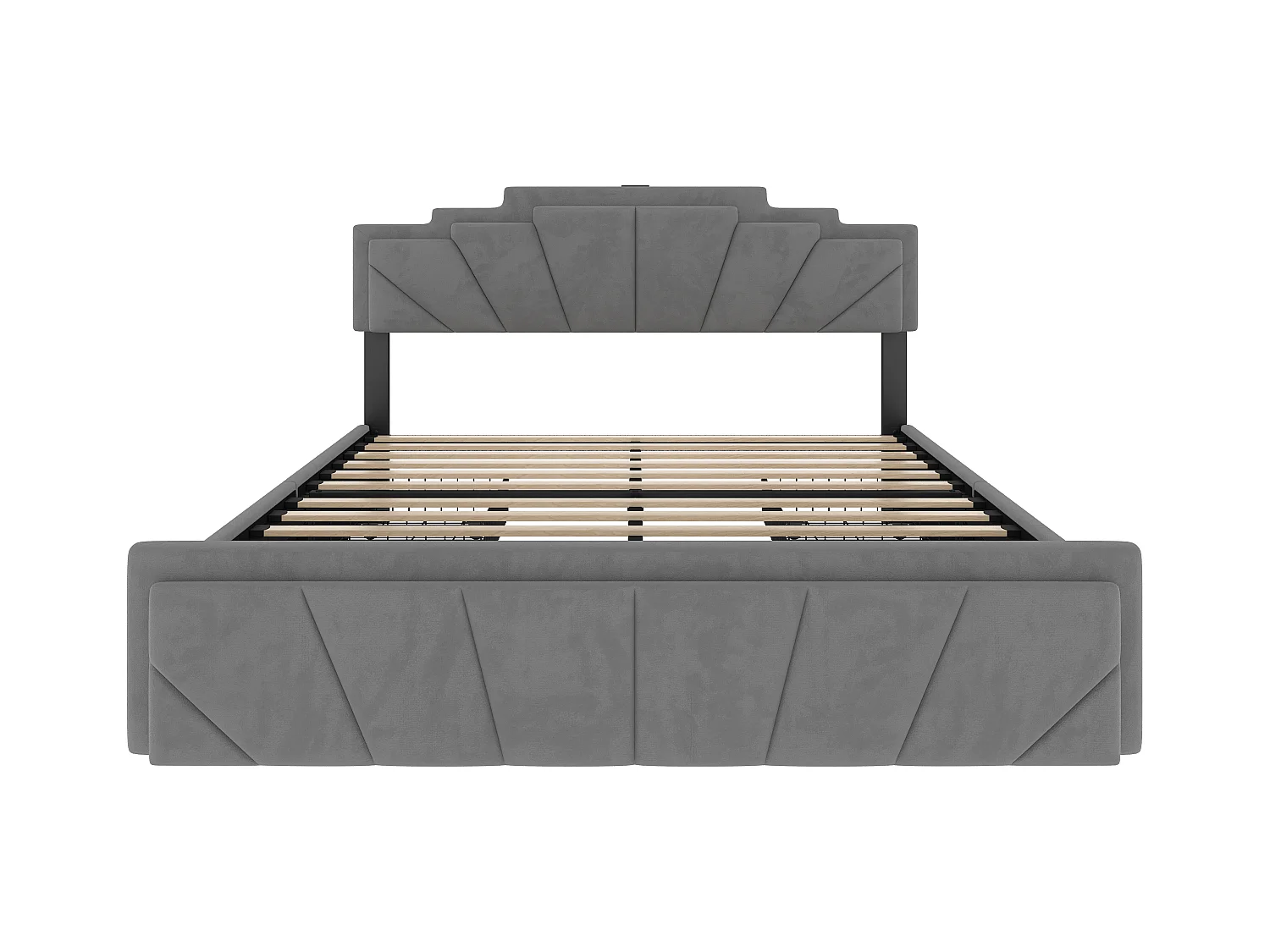 Lit capitonné moderne 140x200cm – Design élégant, tête de lit trapézoïdale unique, bande LED intégrée, 2 réglages de hauteur, USB Type-C, 2 tiroirs spacieux