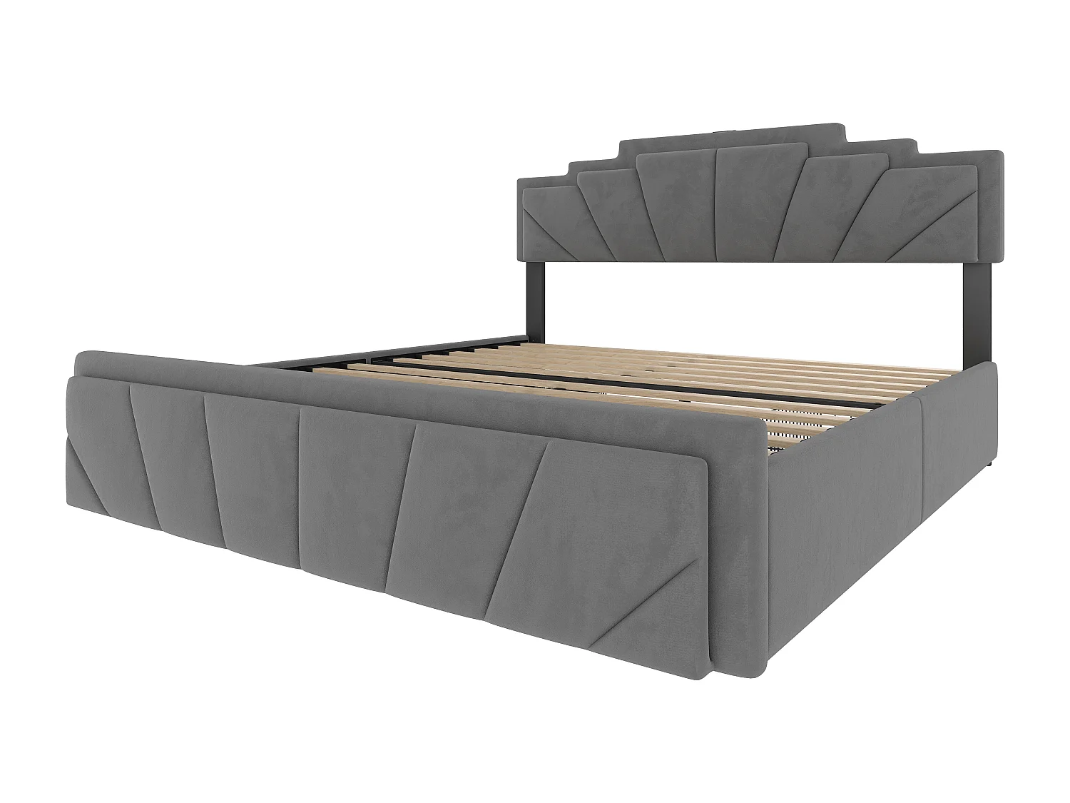 Lit capitonné moderne 140x200cm – Design élégant, tête de lit trapézoïdale unique, bande LED intégrée, 2 réglages de hauteur, USB Type-C, 2 tiroirs spacieux