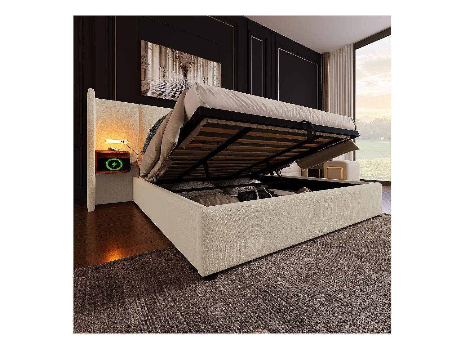 Lit double 180×200 avec table de chevet, lampe de lecture et port USB Type-C, structure en bois massif et métal, beige, lin (sans matelas)