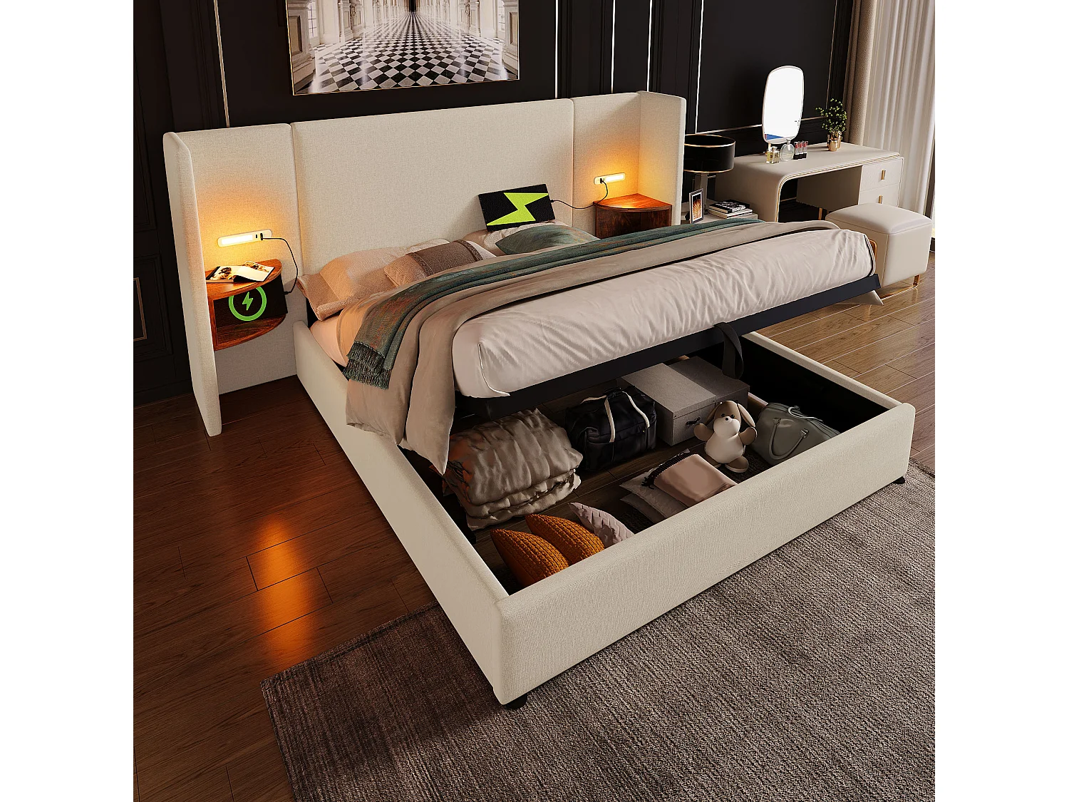 Lit double 180×200 avec table de chevet, lampe de lecture et port USB Type-C, structure en bois massif et métal, beige, lin (sans matelas)