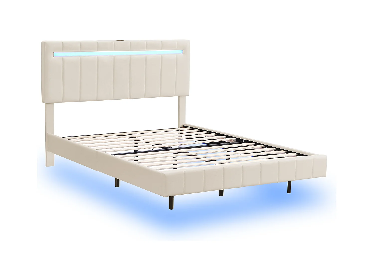 Lit Polster 140 x 200 cm, cadre flottant rembourré avec éclairage LED et design de tête de lit, lit double / lit d'appoint en lin beige doux.