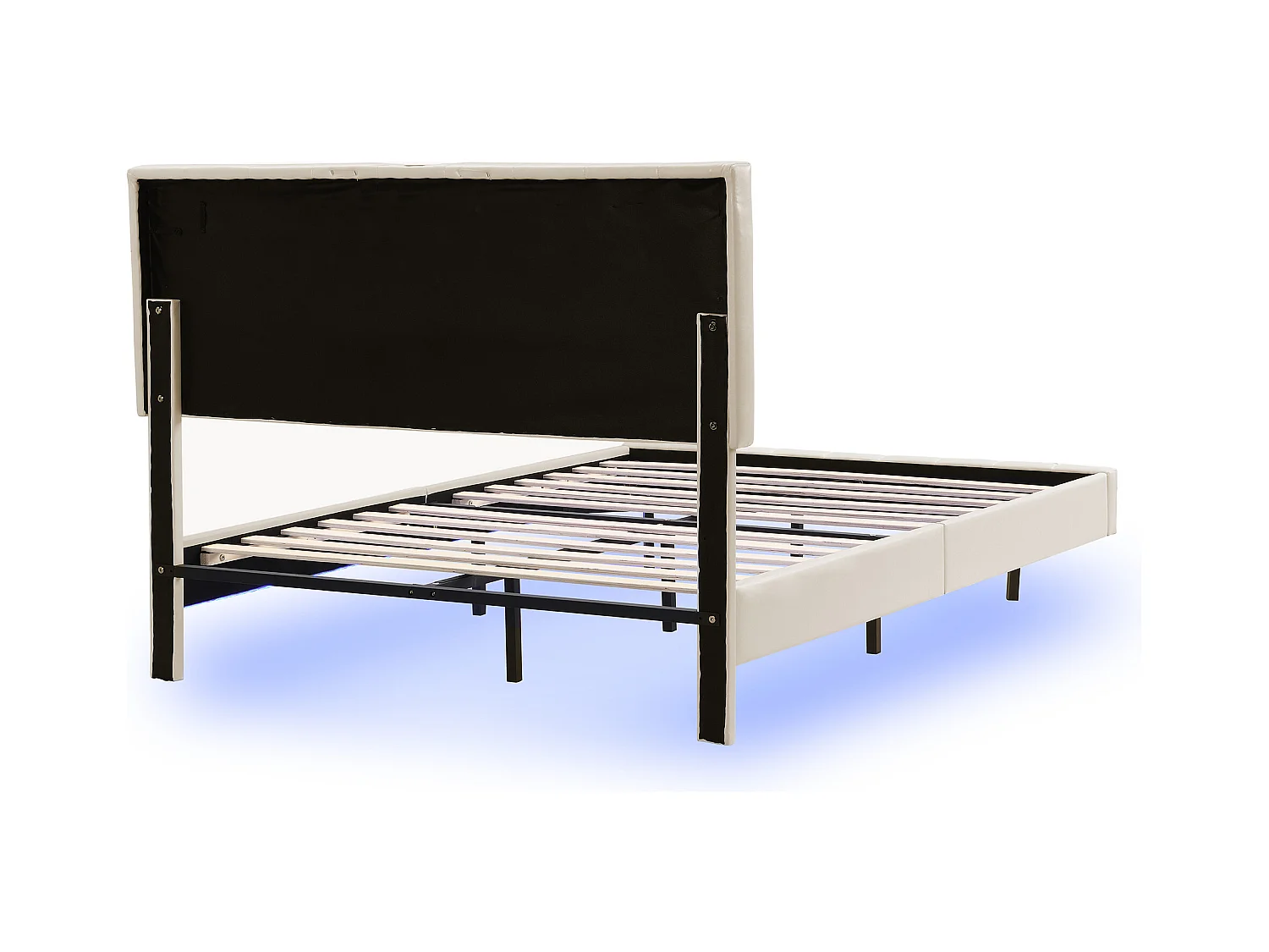 Lit Polster 140 x 200 cm, cadre flottant rembourré avec éclairage LED et design de tête de lit, lit double / lit d'appoint en lin beige doux.