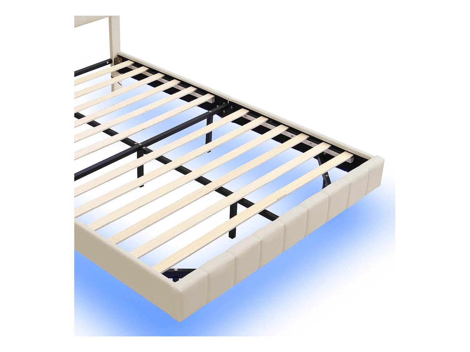 Lit Polster 140 x 200 cm, cadre flottant rembourré avec éclairage LED et design de tête de lit, lit double / lit d'appoint en lin beige doux.