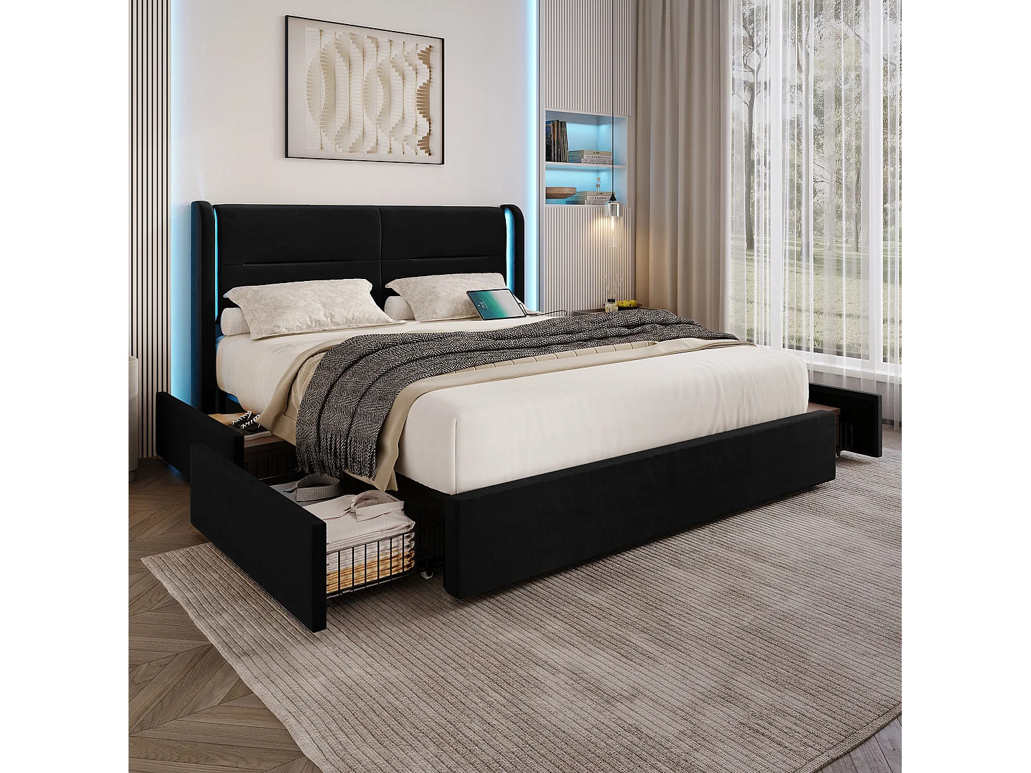 Cadre de lit moderne 160x200 cm avec tête de lit LED, 4 tiroirs pratiques, rembourrage épais, doubles ports USB et ailes latérales confortables, noir.