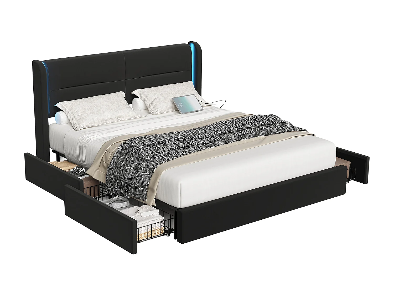 Cadre de lit moderne 160x200 cm avec tête de lit LED, 4 tiroirs pratiques, rembourrage épais, doubles ports USB et ailes latérales confortables, noir.