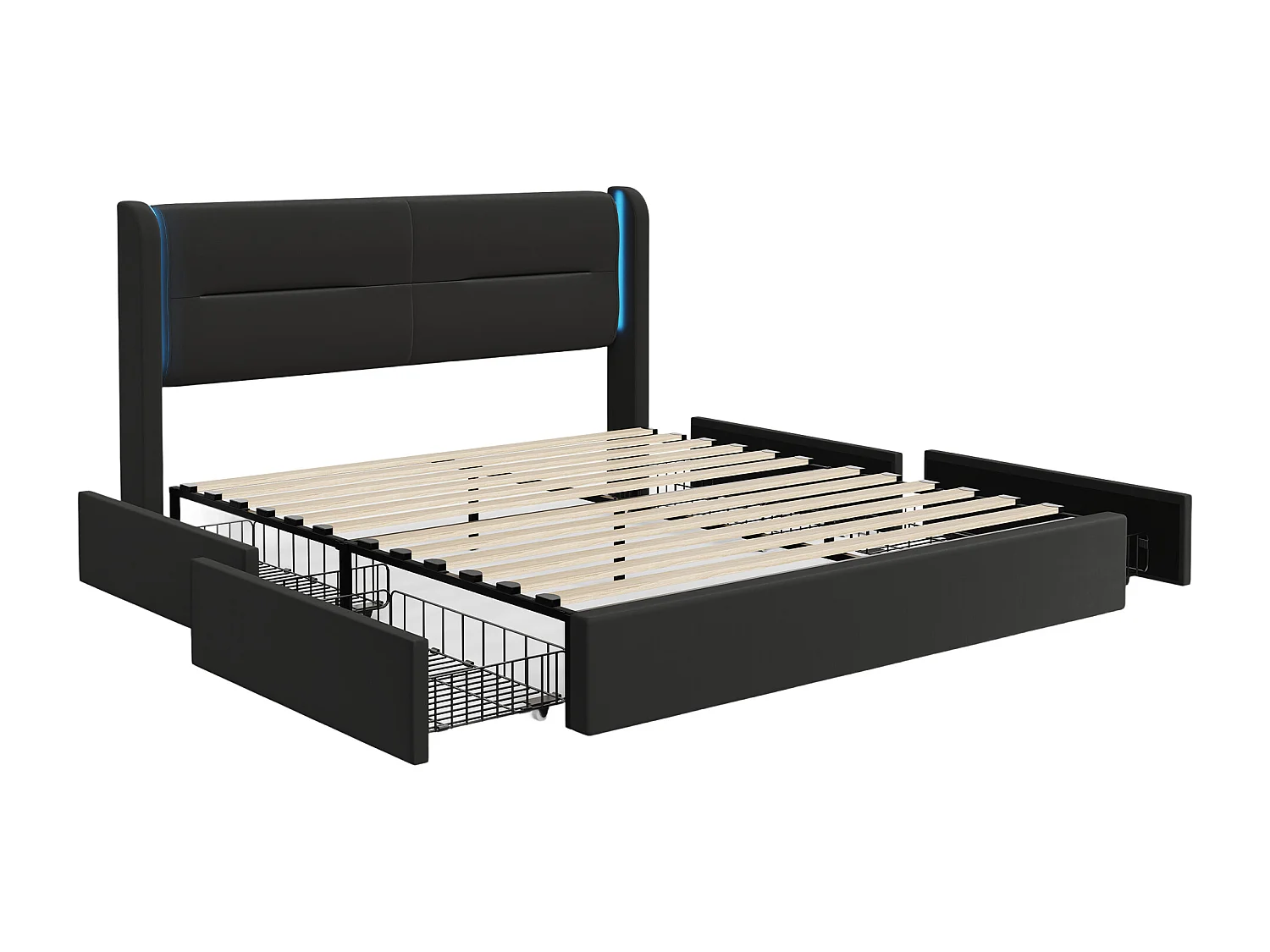 Cadre de lit moderne 160x200 cm avec tête de lit LED, 4 tiroirs pratiques, rembourrage épais, doubles ports USB et ailes latérales confortables, noir.