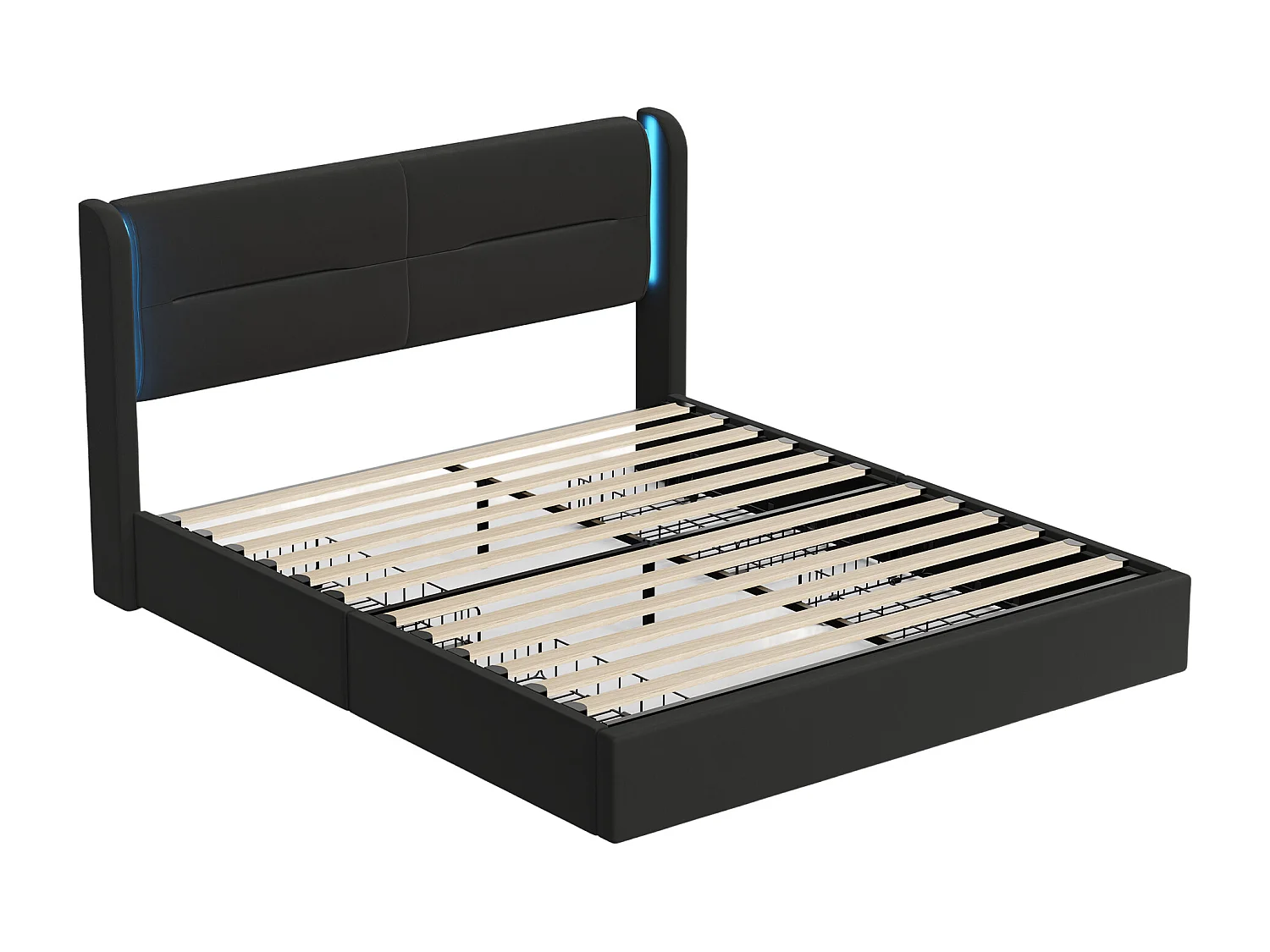 Cadre de lit moderne 160x200 cm avec tête de lit LED, 4 tiroirs pratiques, rembourrage épais, doubles ports USB et ailes latérales confortables, noir.
