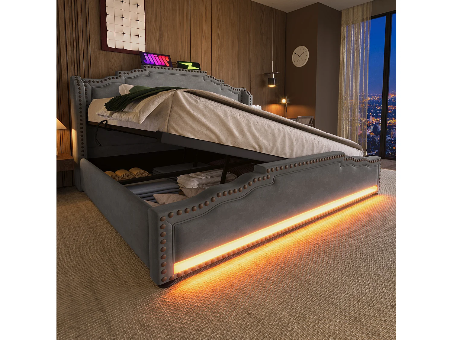 Lit tapissier double 140×200cm : rangement hydraulique, LED + prise USB-C, lit à rangement + lit ado, lattes de support, velours, gris (sans matelas)