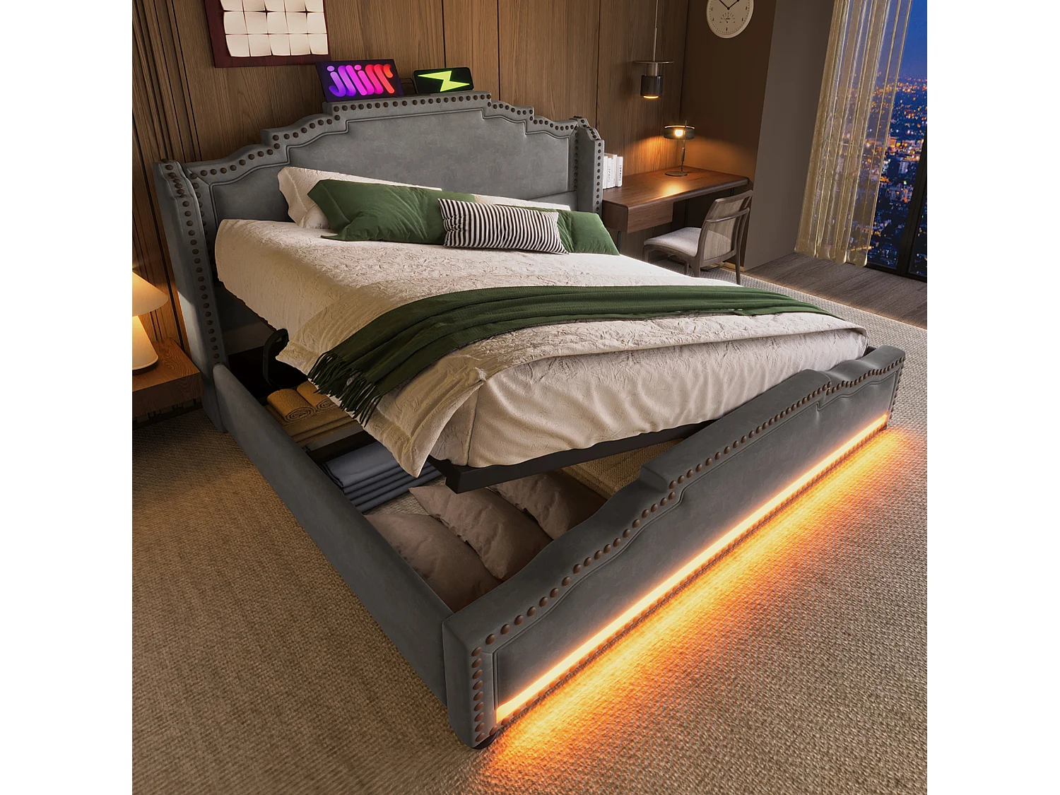 Lit tapissier double 140×200cm : rangement hydraulique, LED + prise USB-C, lit à rangement + lit ado, lattes de support, velours, gris (sans matelas)