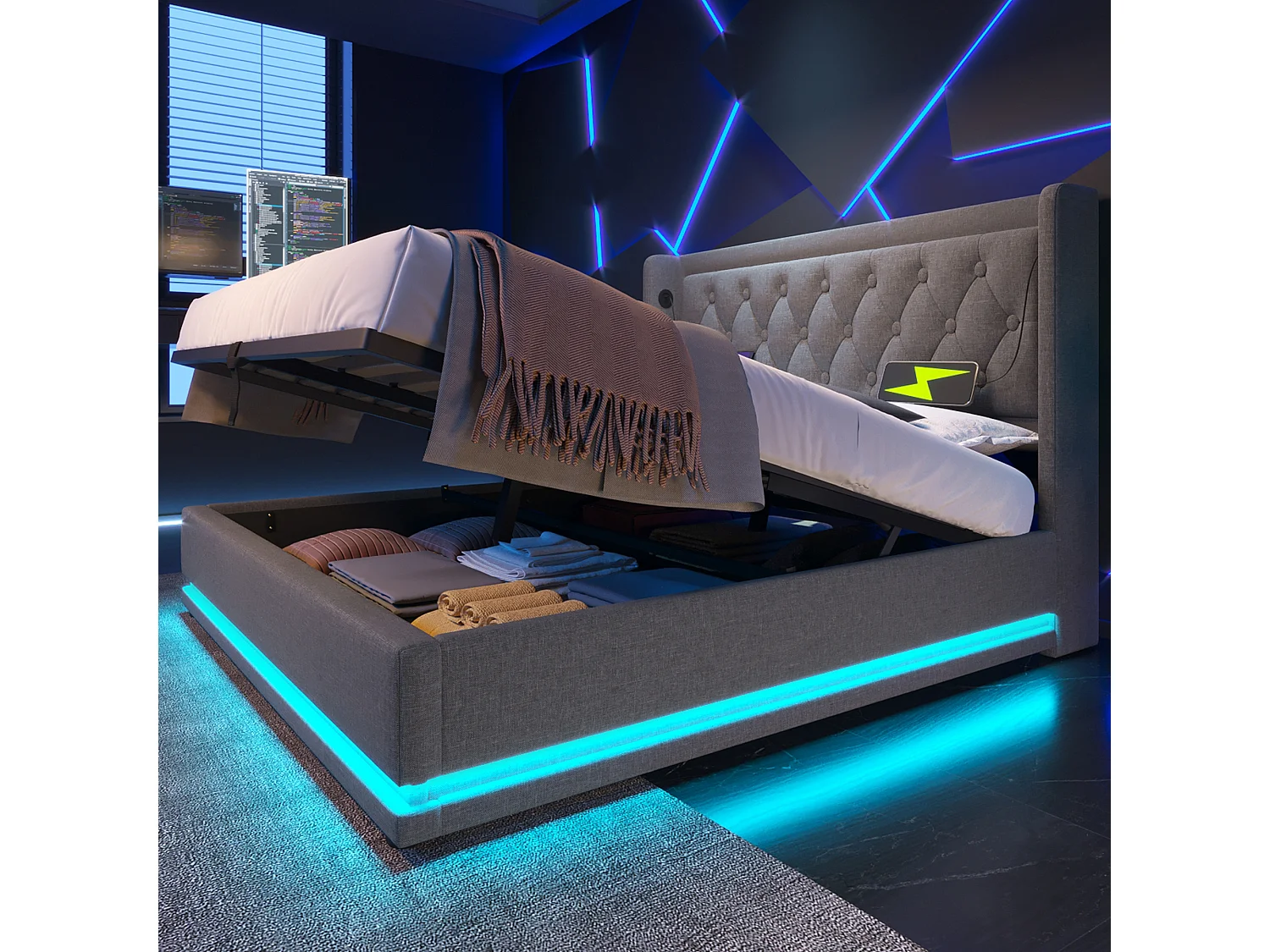 Lit double 180x200 cm gris en coton avec fonction LED 3 côtés, tête de lit rembourrée, USB Type-C, lit de rangement hydraulique (sans matelas)