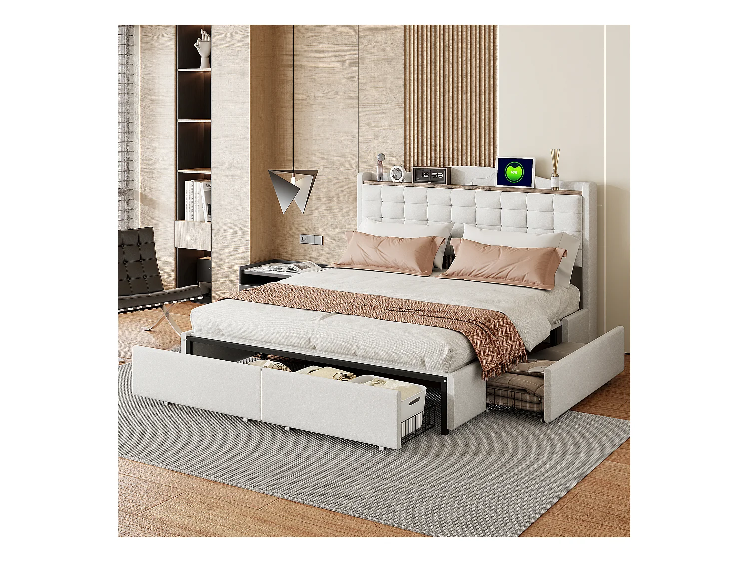 Lit Polster 160 x 200 cm, table de nuit avec port USB et étagère, lit double avec 4 tiroirs, tissu en lin beige.