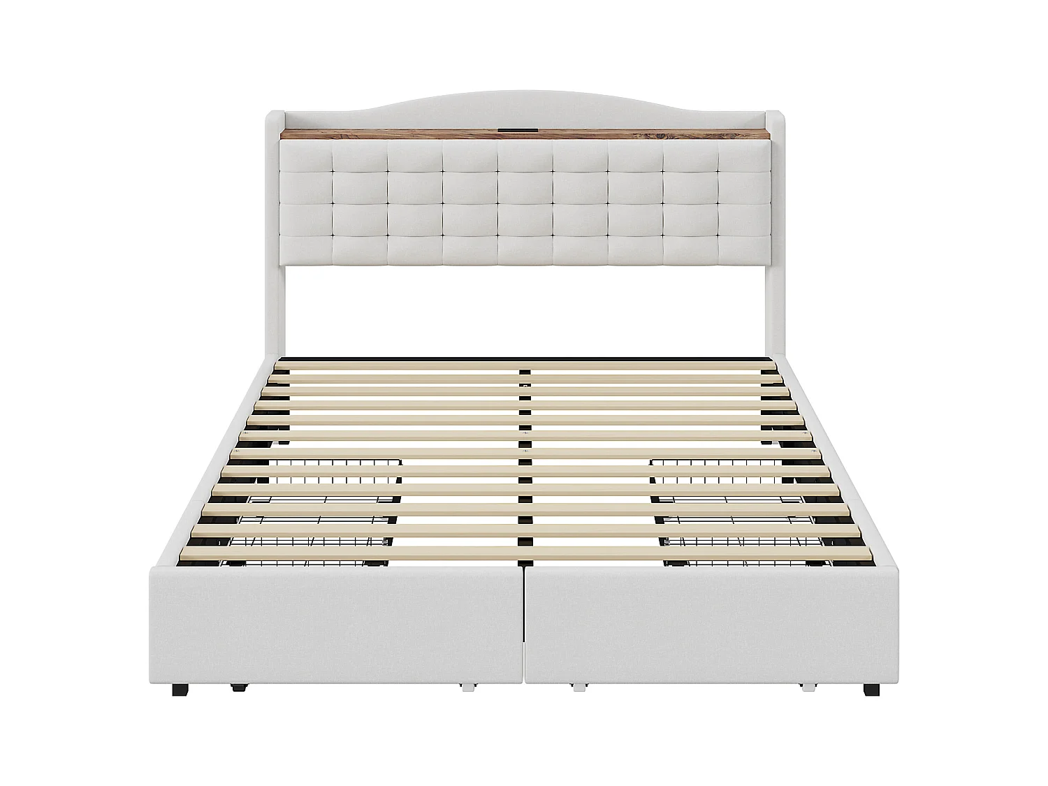 Lit Polster 160 x 200 cm, table de nuit avec port USB et étagère, lit double avec 4 tiroirs, tissu en lin beige.