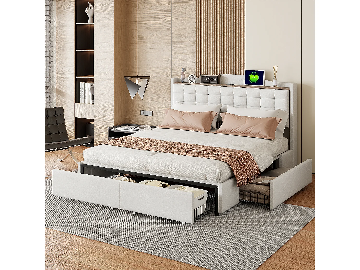 Lit Polster 160 x 200 cm, table de nuit avec port USB et étagère, lit double avec 4 tiroirs, tissu en lin beige.