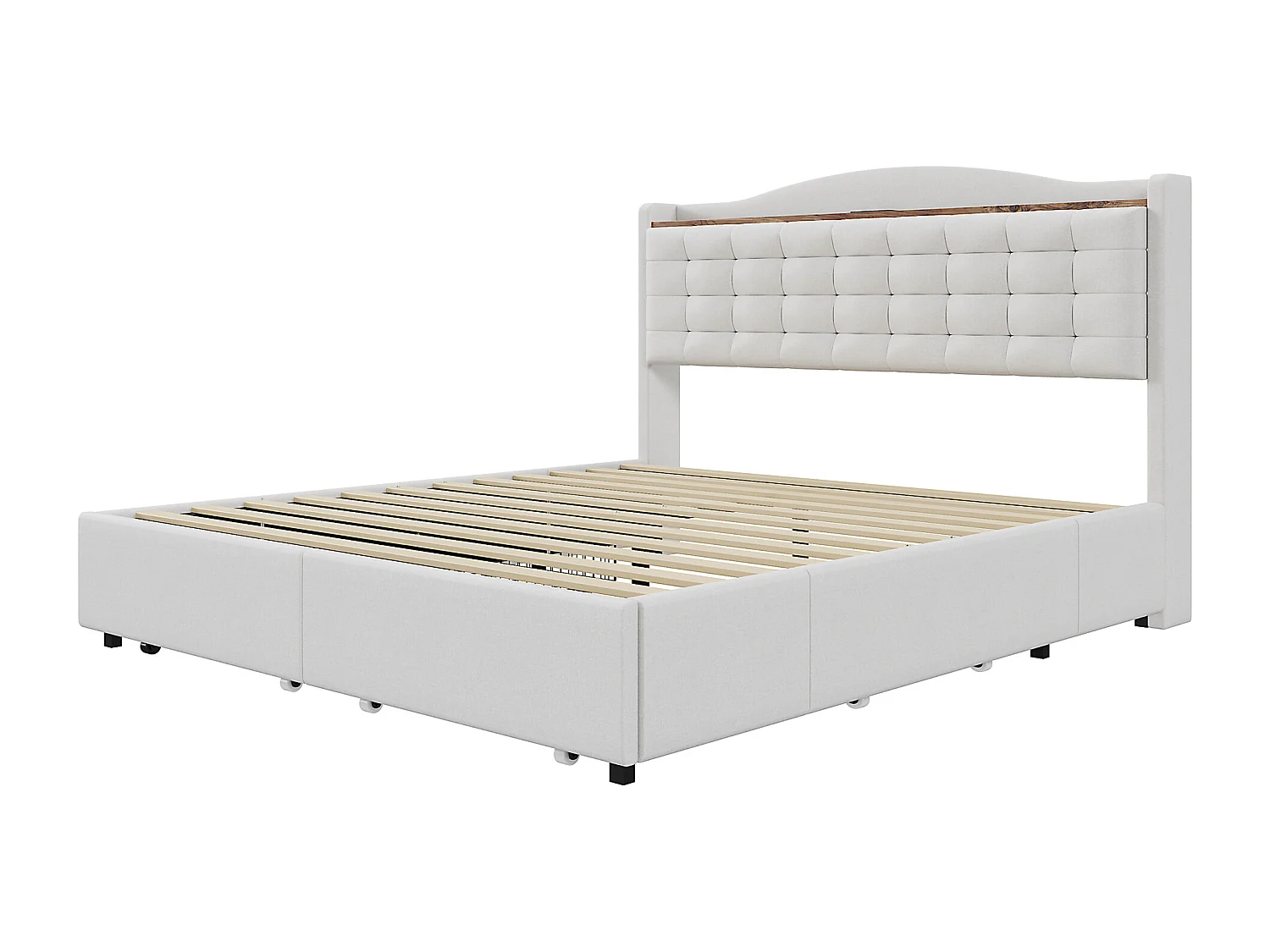 Lit Polster 160 x 200 cm, table de nuit avec port USB et étagère, lit double avec 4 tiroirs, tissu en lin beige.