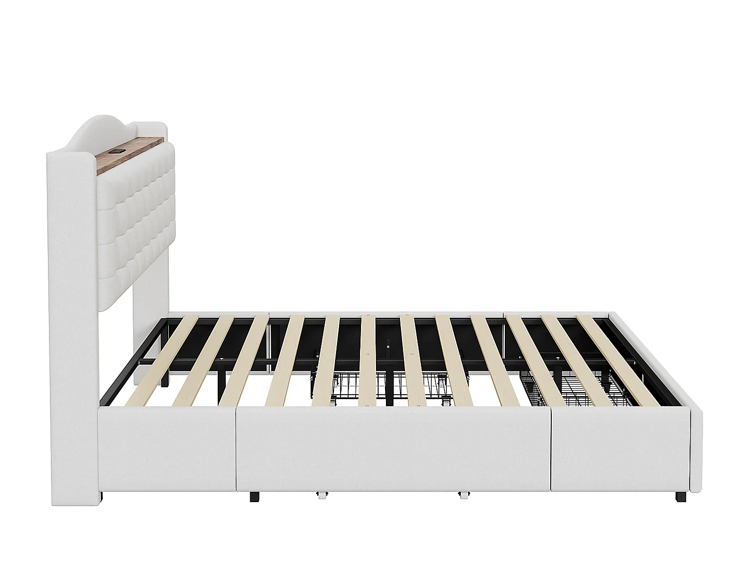 Lit Polster 160 x 200 cm, table de nuit avec port USB et étagère, lit double avec 4 tiroirs, tissu en lin beige.