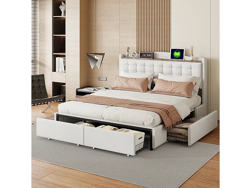 Lit Polster 160 x 200 cm, table de nuit avec port USB et étagère, lit double avec 4 tiroirs, tissu en lin beige.