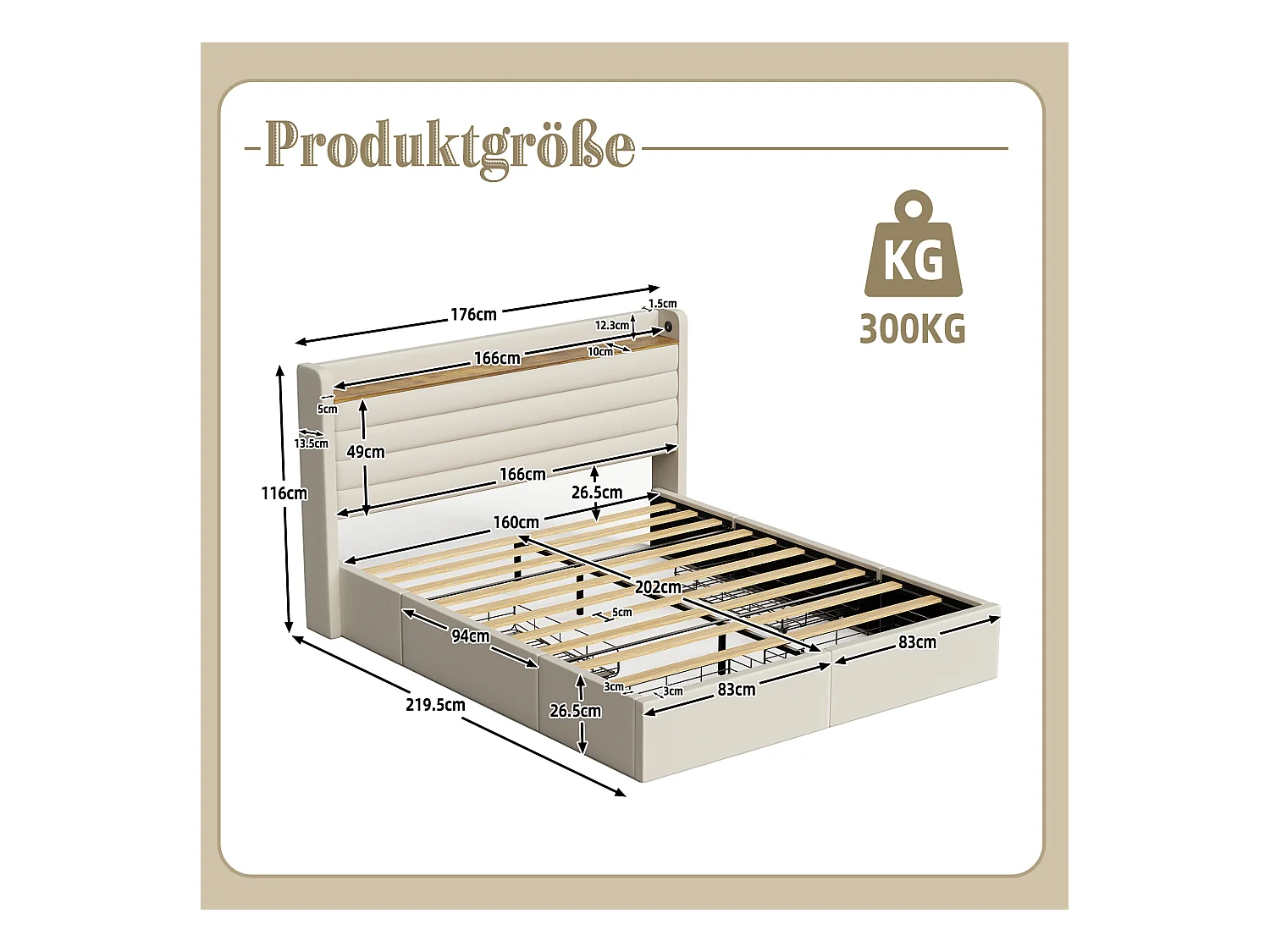 Cadre de lit moderne grand 160 x 200 cm (Beige) : rembourré en velours, tête de lit avec port USB et fonction de rangement, 4 tiroirs sous le gestell.