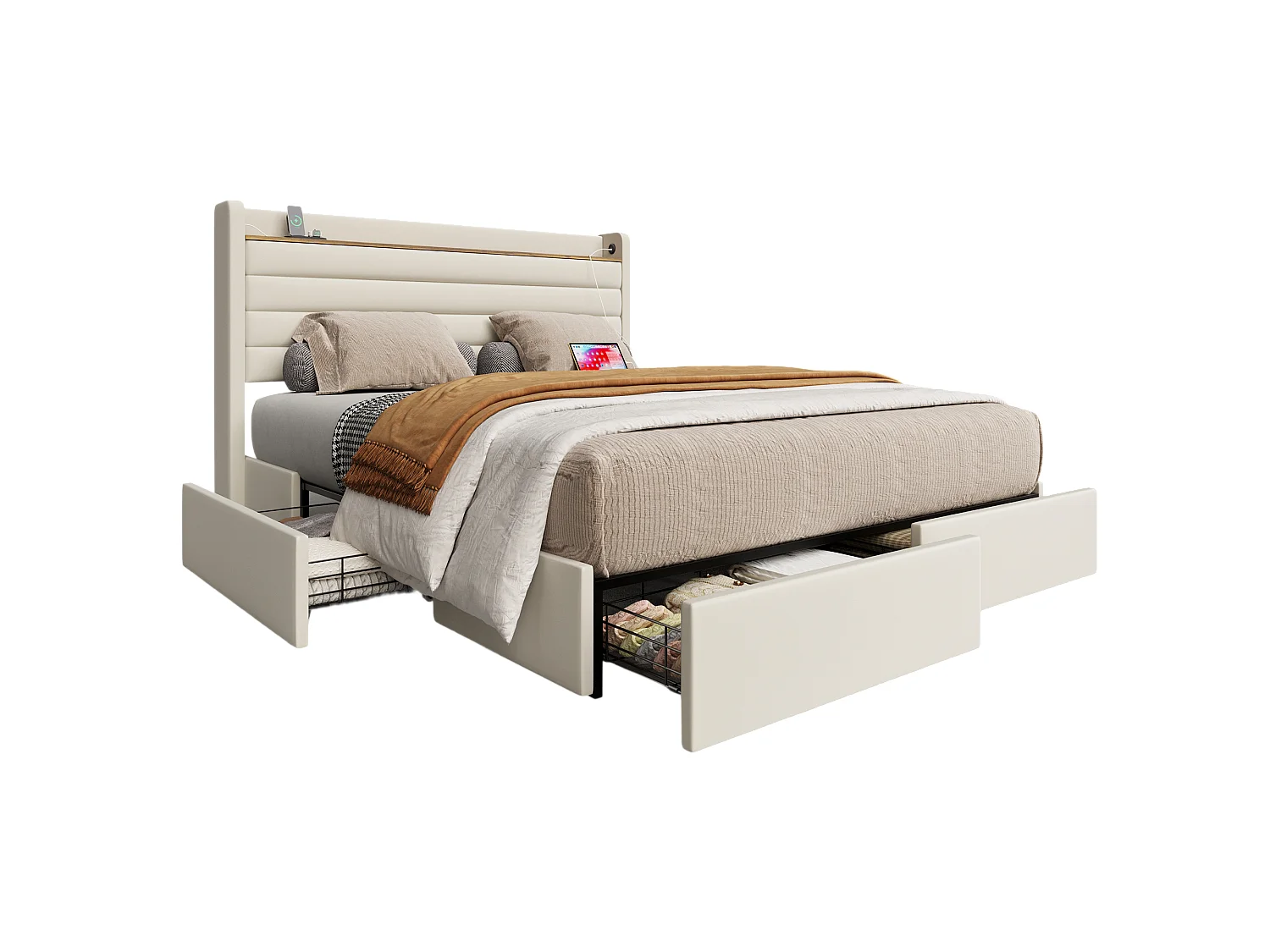 Cadre de lit moderne grand 160 x 200 cm (Beige) : rembourré en velours, tête de lit avec port USB et fonction de rangement, 4 tiroirs sous le gestell.