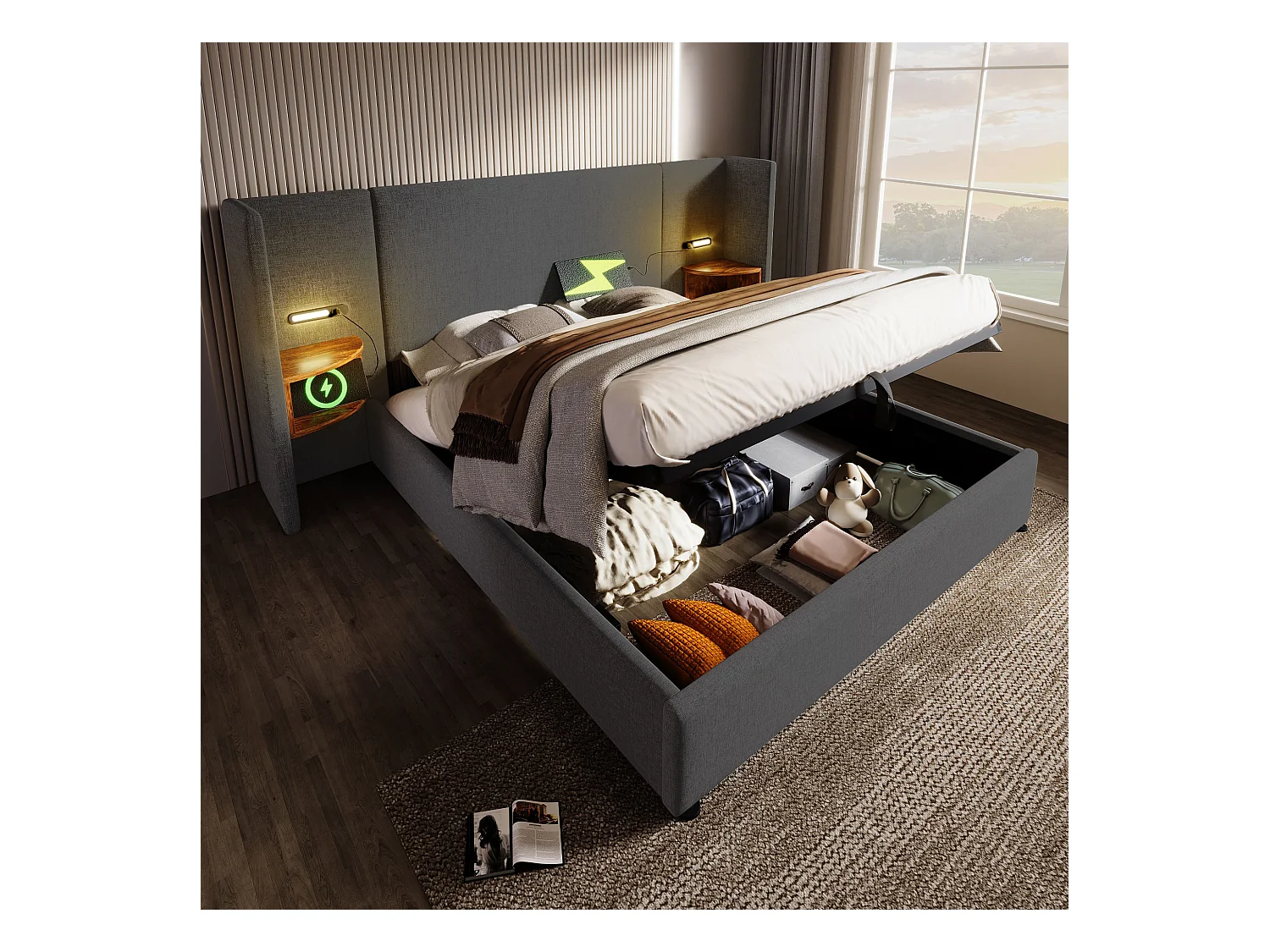 Lit double 160×200 avec table de chevet, lampe de lecture et port USB Type-C, structure en bois massif et métal, gris, lin (sans matelas)