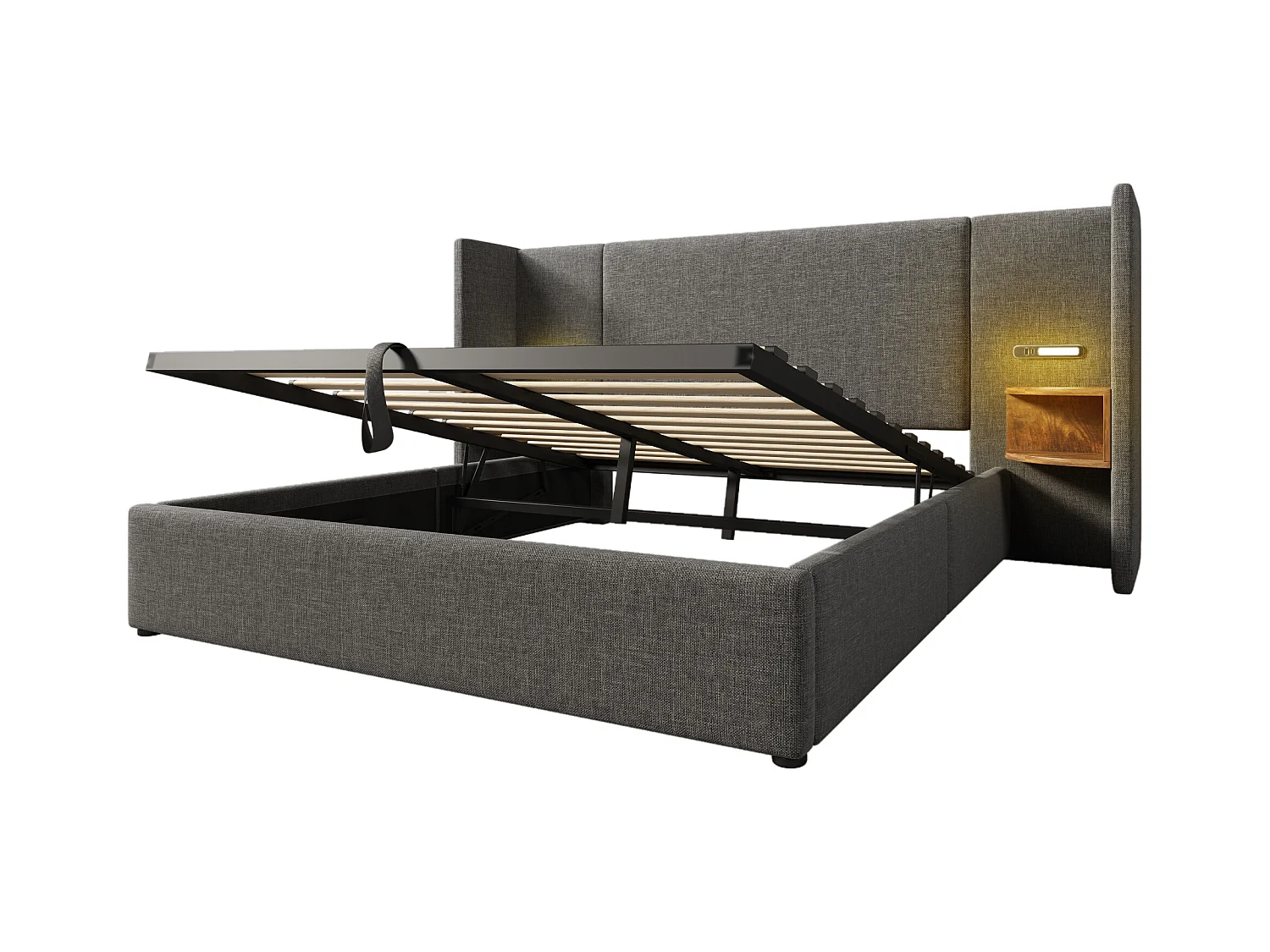 Lit double 160×200 avec table de chevet, lampe de lecture et port USB Type-C, structure en bois massif et métal, gris, lin (sans matelas)