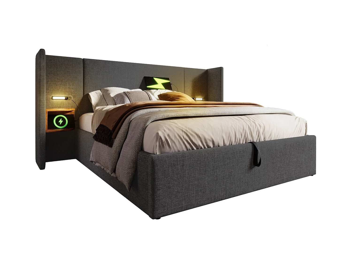 Lit double 160×200 avec table de chevet, lampe de lecture et port USB Type-C, structure en bois massif et métal, gris, lin (sans matelas)