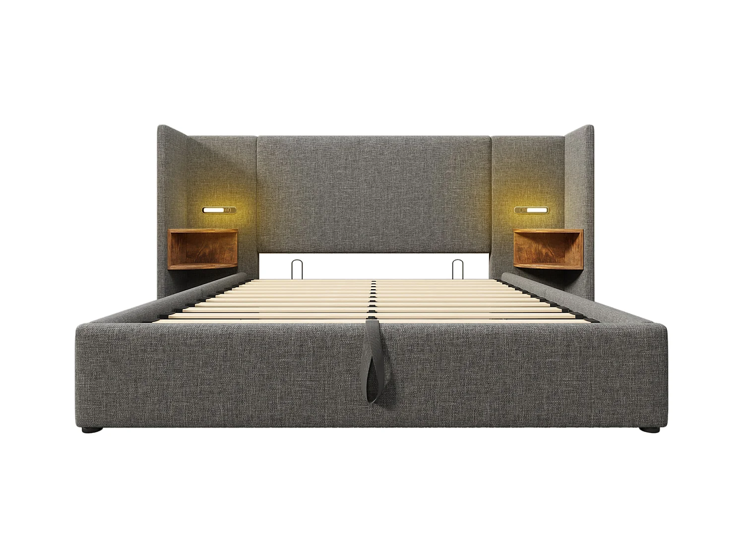 Lit double 160×200 avec table de chevet, lampe de lecture et port USB Type-C, structure en bois massif et métal, gris, lin (sans matelas)