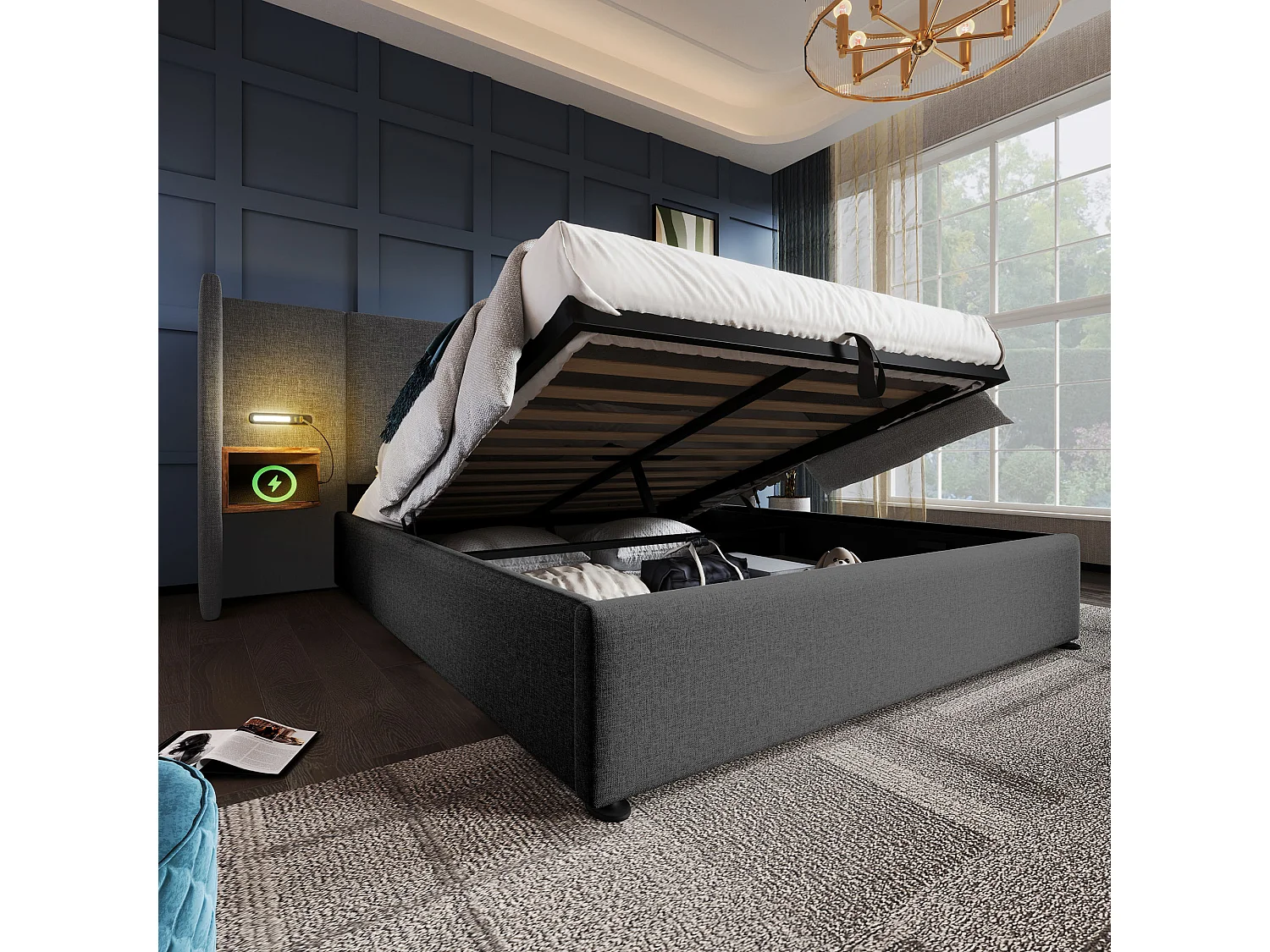 Lit double 160×200 avec table de chevet, lampe de lecture et port USB Type-C, structure en bois massif et métal, gris, lin (sans matelas)