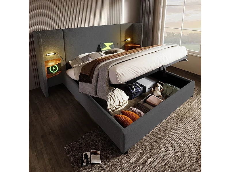Lit double 160×200 avec table de chevet, lampe de lecture et port USB Type-C, structure en bois massif et métal, gris, lin (sans matelas)