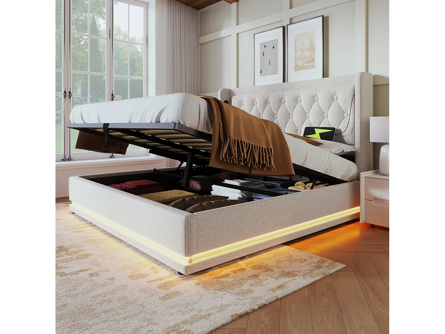 Lit double 180x200 cm beige en coton avec fonction LED 3 côtés, tête de lit rembourrée, USB Type-C, lit de rangement hydraulique (sans matelas)