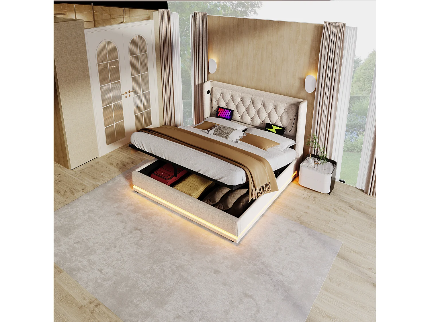 Lit double 180x200 cm beige en coton avec fonction LED 3 côtés, tête de lit rembourrée, USB Type-C, lit de rangement hydraulique (sans matelas)