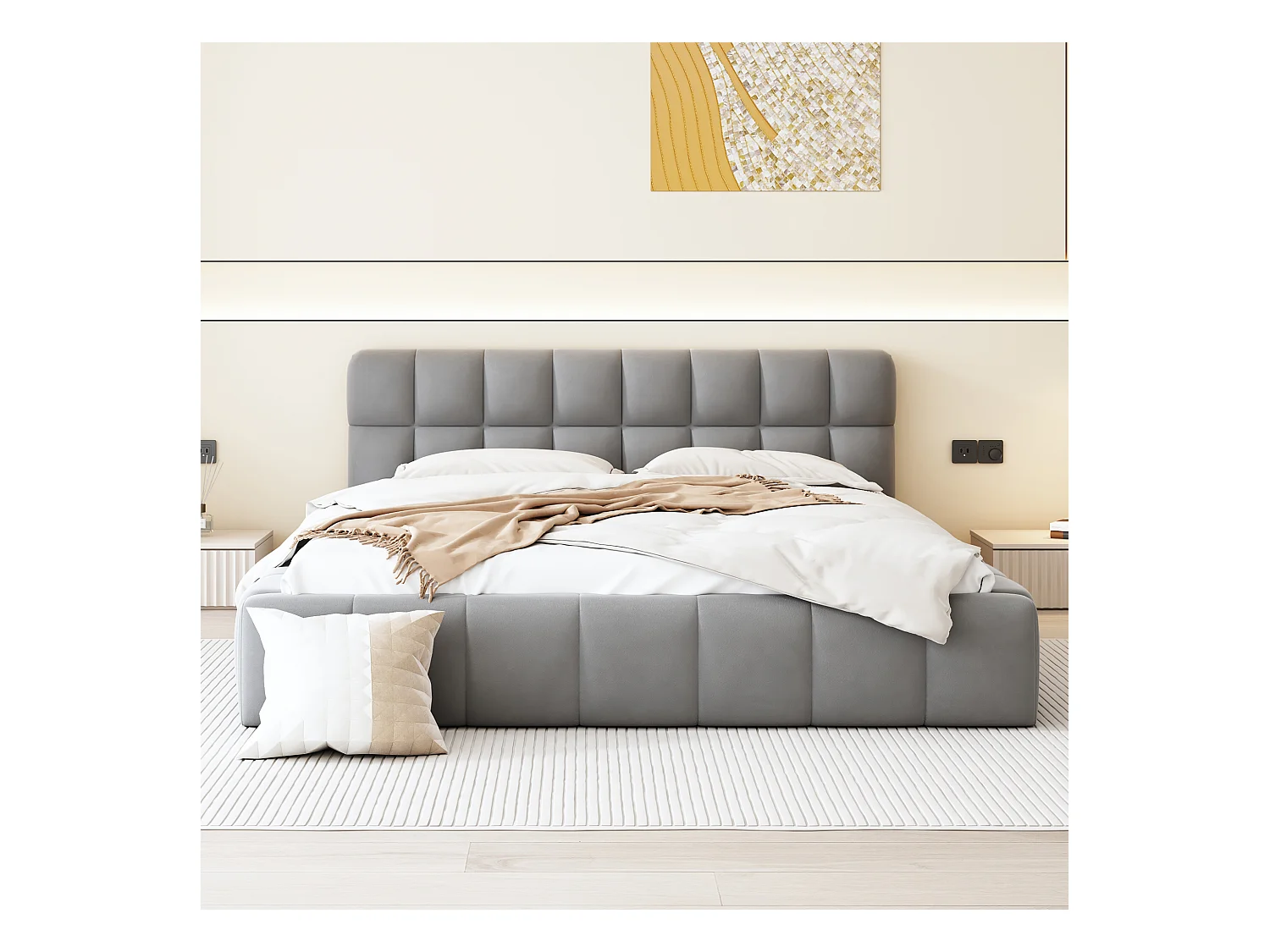Lit capitonné 140 x 190 cm, Lit pour adolescent, Lit double avec dossier moelleux, Lit plat avec contour rembourré, Sommier en lin gris (Matelas non inclus)