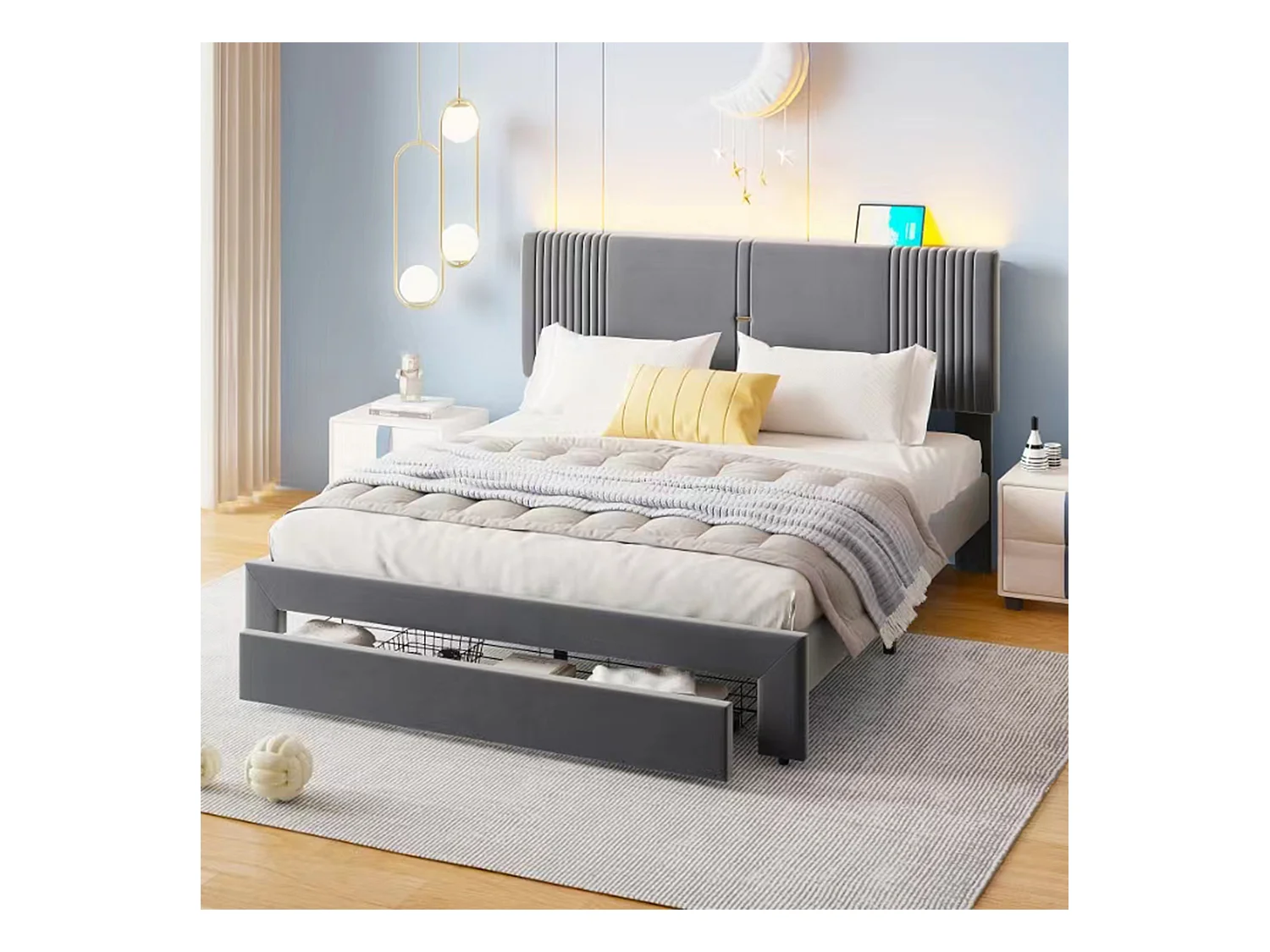 Lit 160 x 200 cm avec Éclairage, USB, Tête de Lit et Grand Tiroir, en Velours Gris