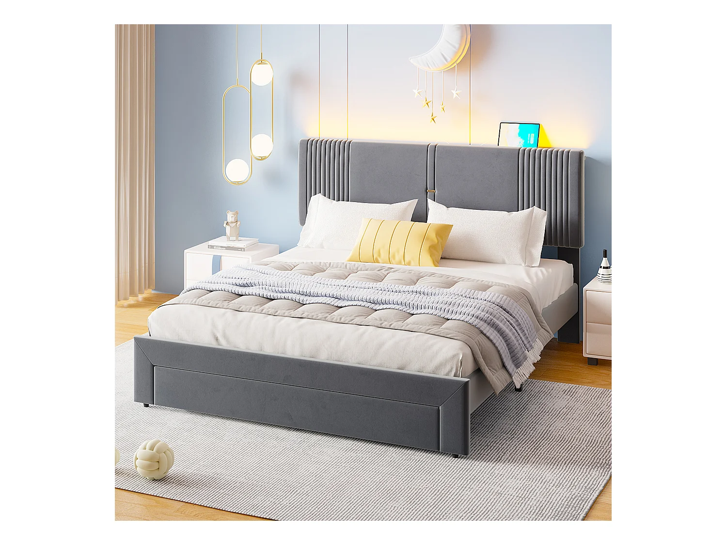 Lit 160 x 200 cm avec Éclairage, USB, Tête de Lit et Grand Tiroir, en Velours Gris