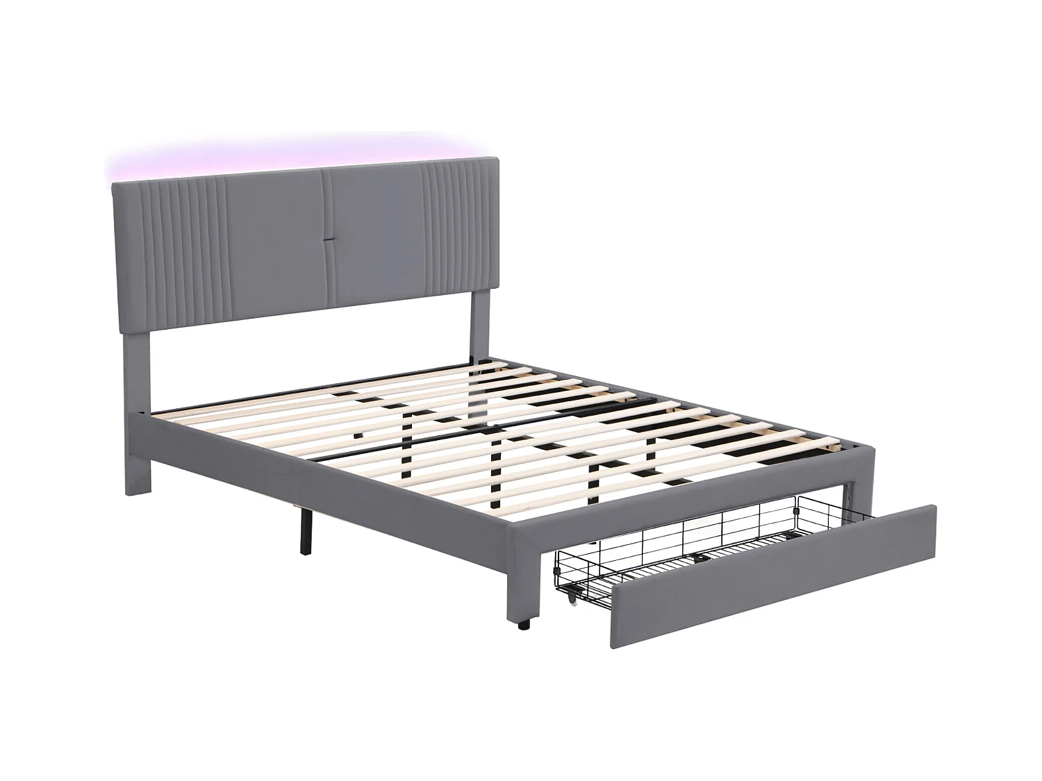 Lit 160 x 200 cm avec Éclairage, USB, Tête de Lit et Grand Tiroir, en Velours Gris