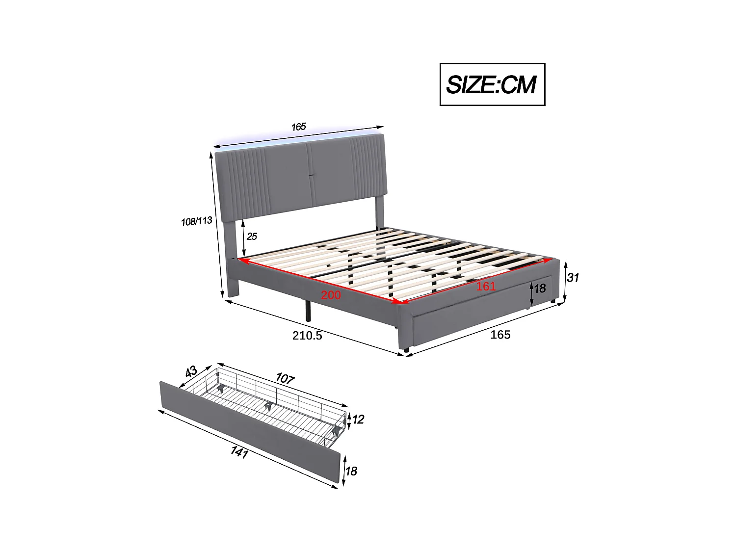 Lit 160 x 200 cm avec Éclairage, USB, Tête de Lit et Grand Tiroir, en Velours Gris