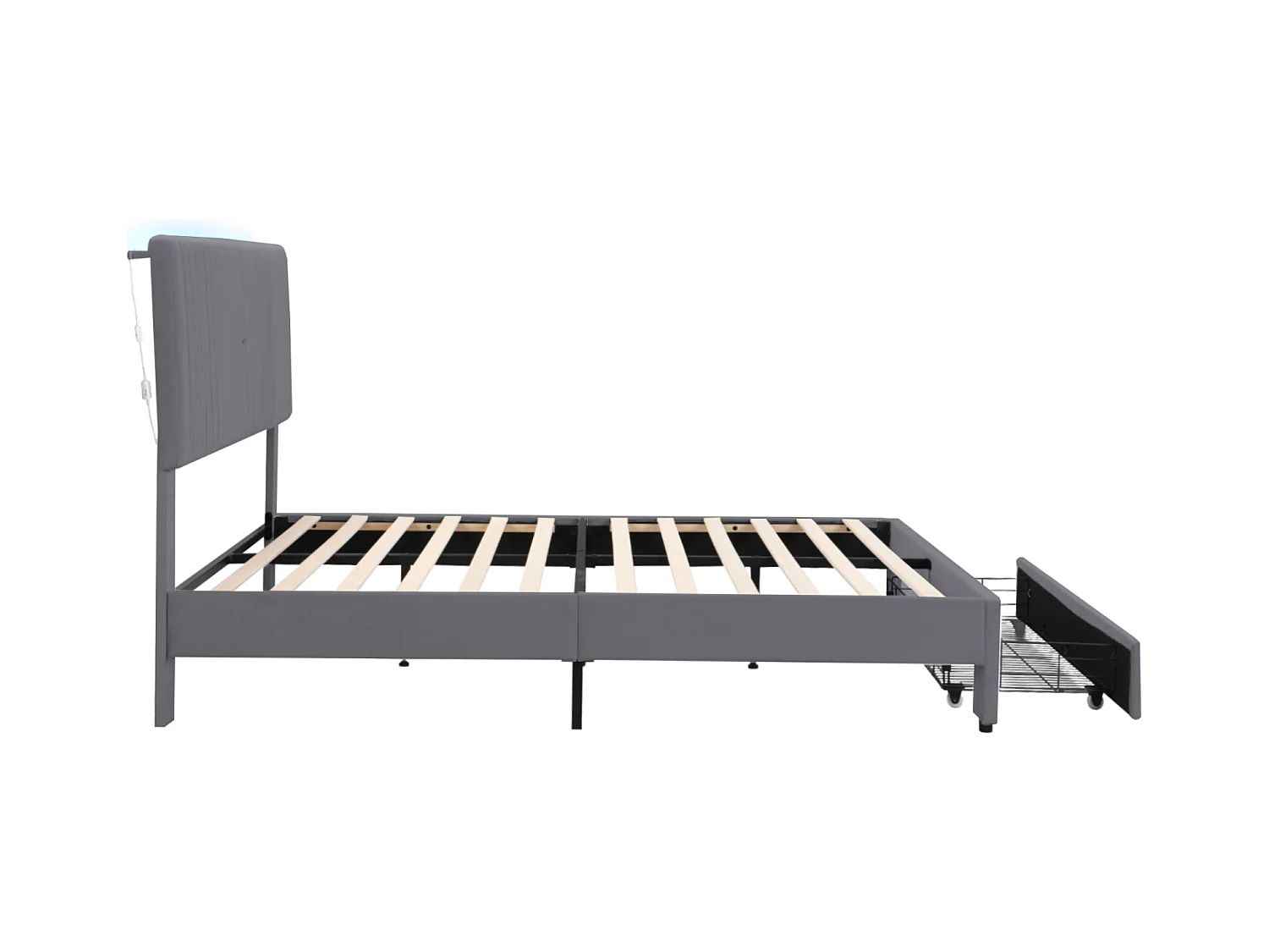 Lit 160 x 200 cm avec Éclairage, USB, Tête de Lit et Grand Tiroir, en Velours Gris