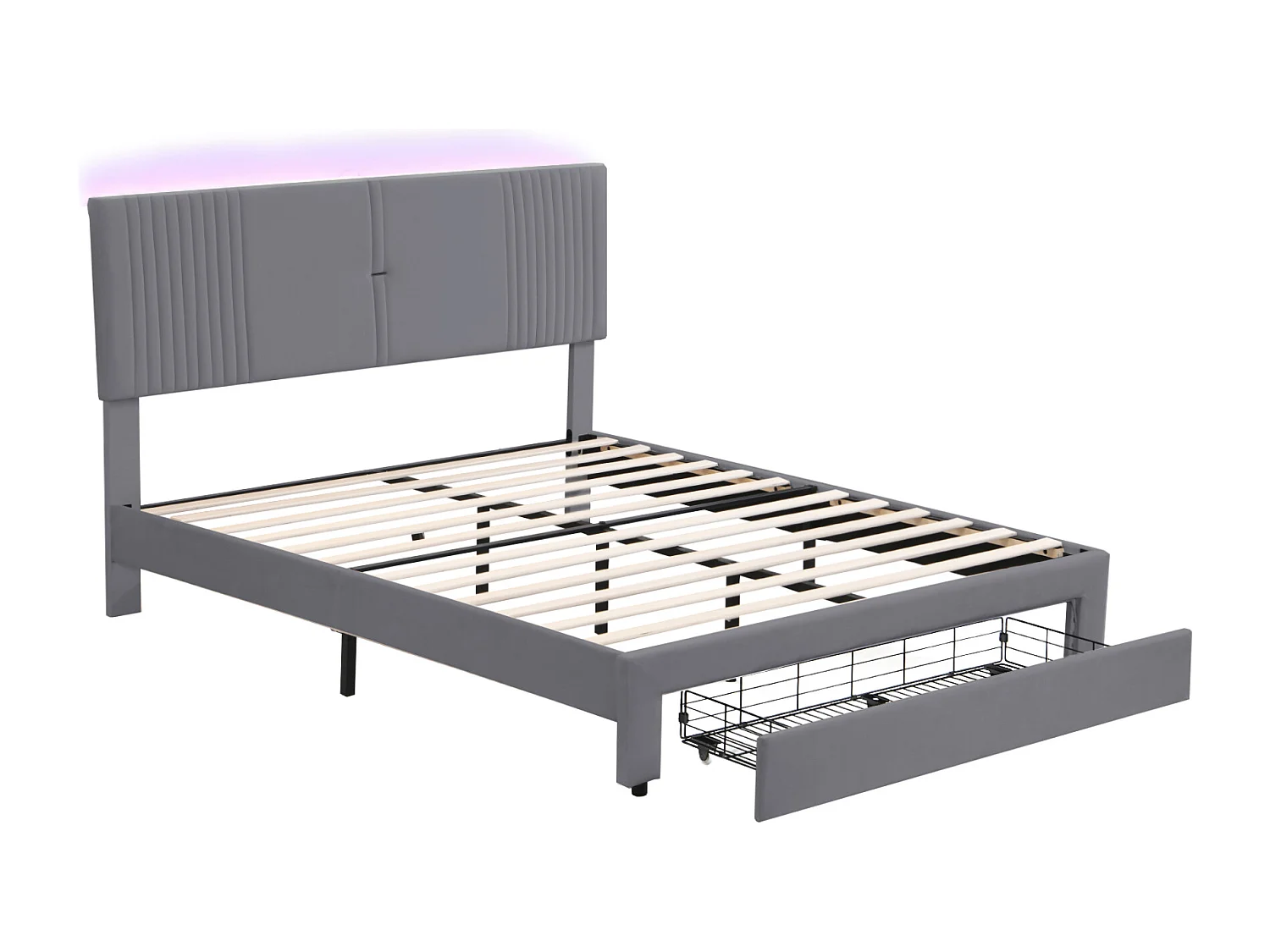 Lit 160 x 200 cm avec Éclairage, USB, Tête de Lit et Grand Tiroir, en Velours Gris
