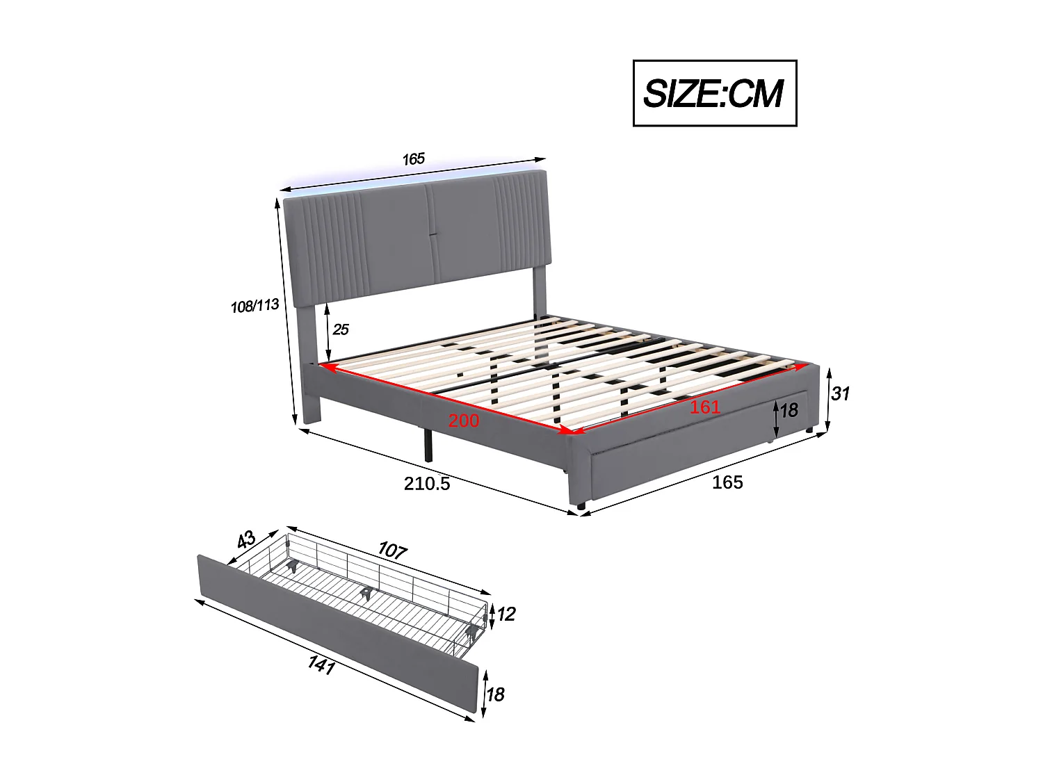 Lit 160 x 200 cm avec Éclairage, USB, Tête de Lit et Grand Tiroir, en Velours Gris