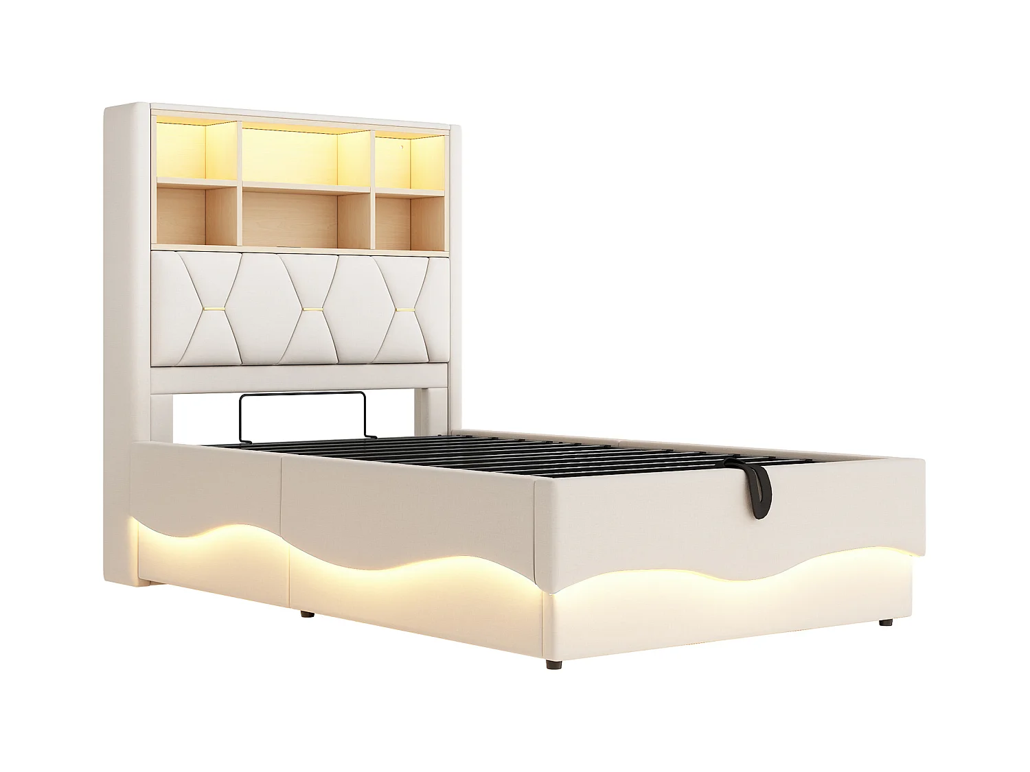 Lit enfant 90x200 cm beige, rangement hydraulique, LED contrôlées par APP, port USB, sommier métal, rembourrage en lin