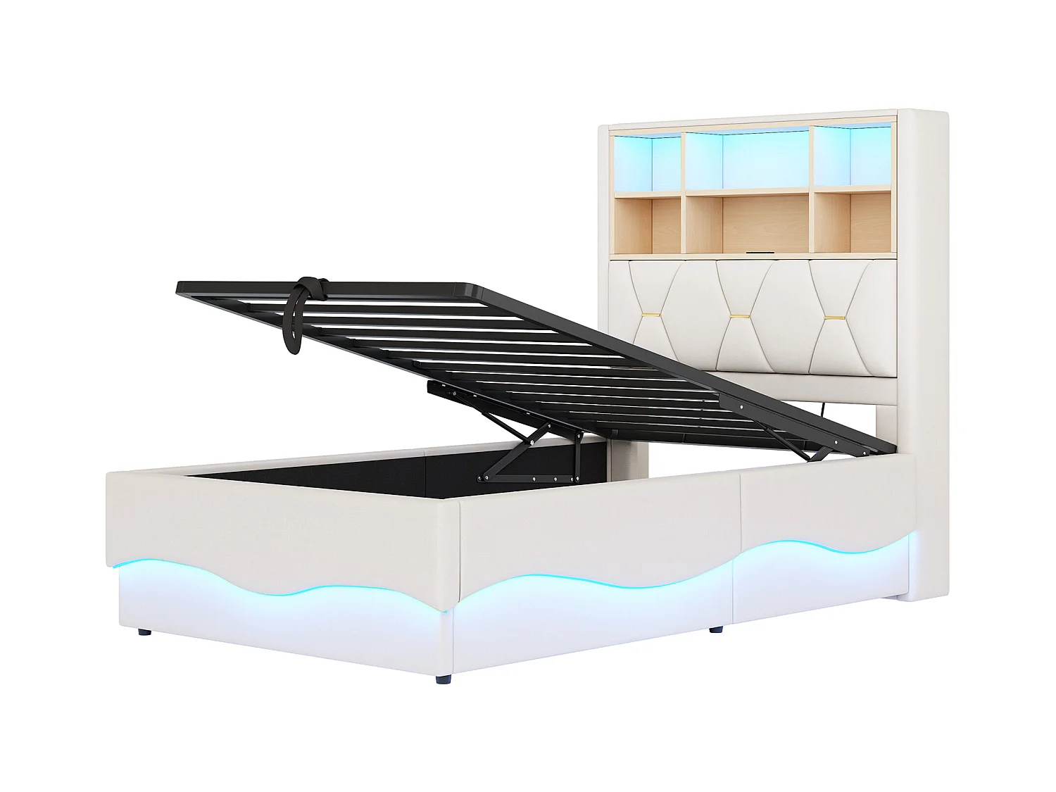 Lit enfant 90x200 cm beige, rangement hydraulique, LED contrôlées par APP, port USB, sommier métal, rembourrage en lin