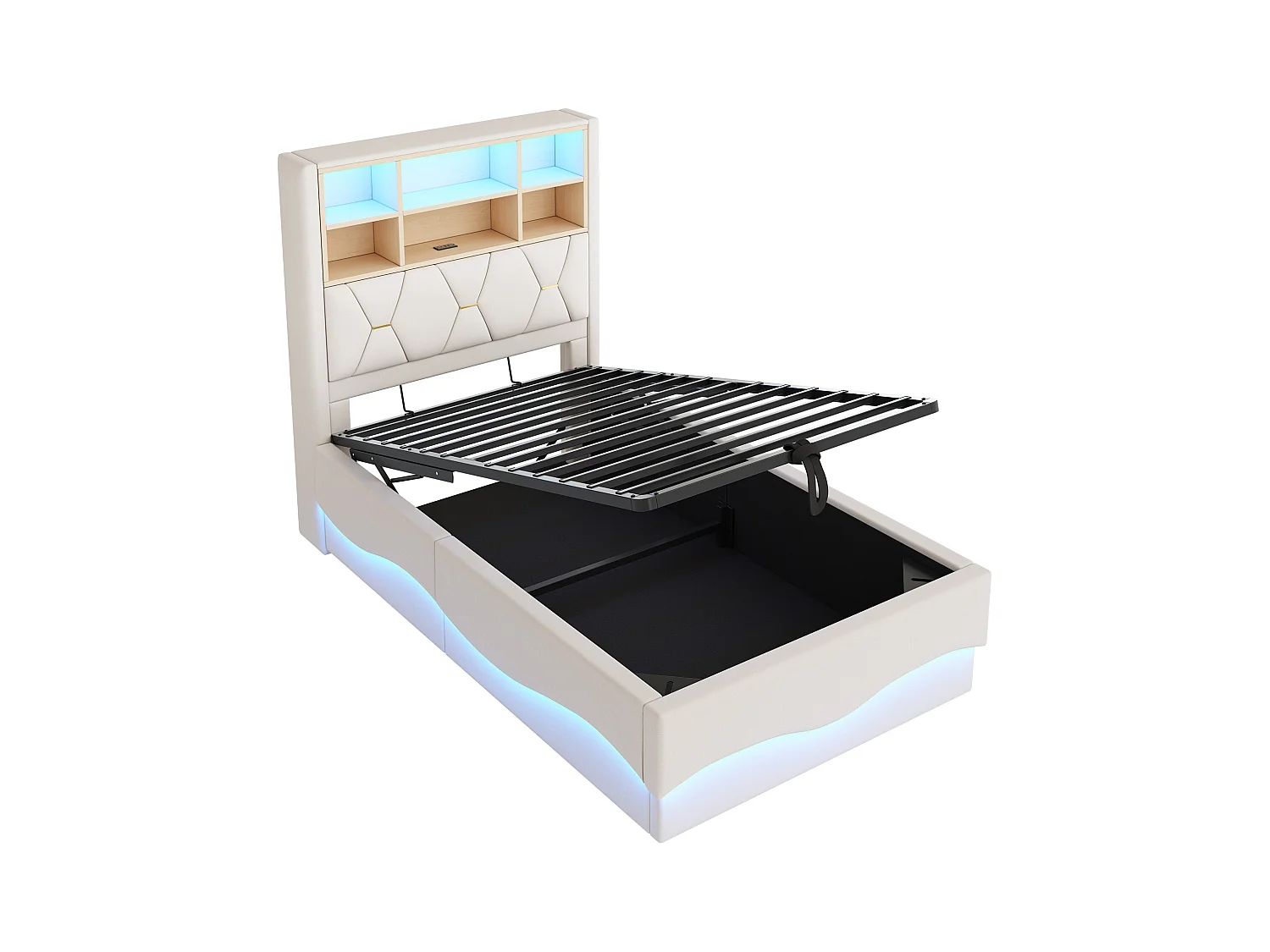 Lit enfant 90x200 cm beige, rangement hydraulique, LED contrôlées par APP, port USB, sommier métal, rembourrage en lin