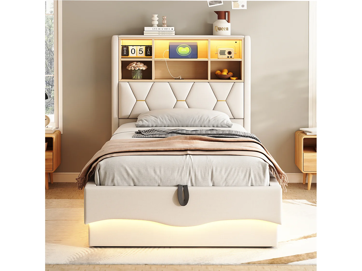 Lit enfant 90x200 cm beige, rangement hydraulique, LED contrôlées par APP, port USB, sommier métal, rembourrage en lin