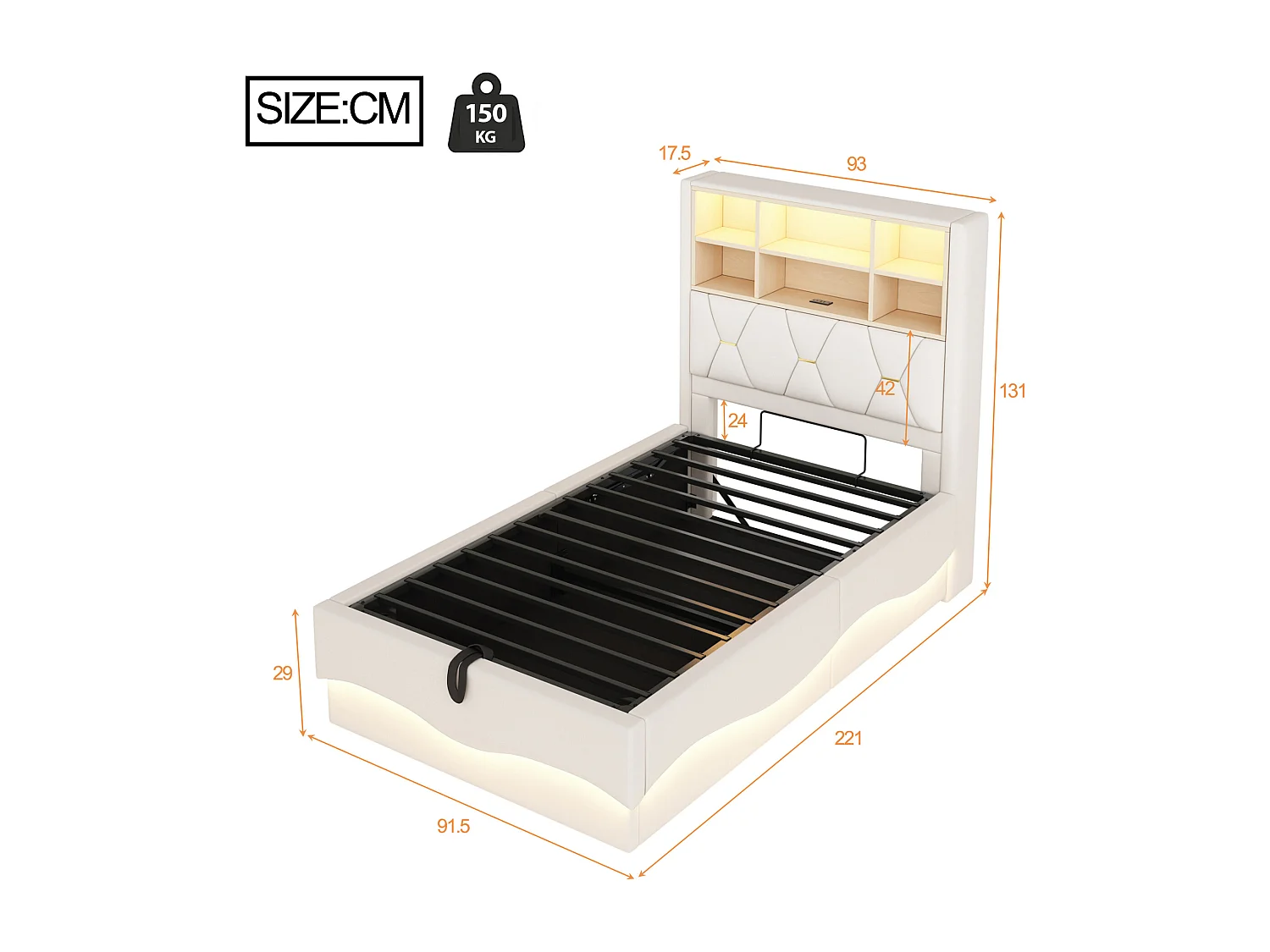 Lit enfant 90x200 cm beige, rangement hydraulique, LED contrôlées par APP, port USB, sommier métal, rembourrage en lin