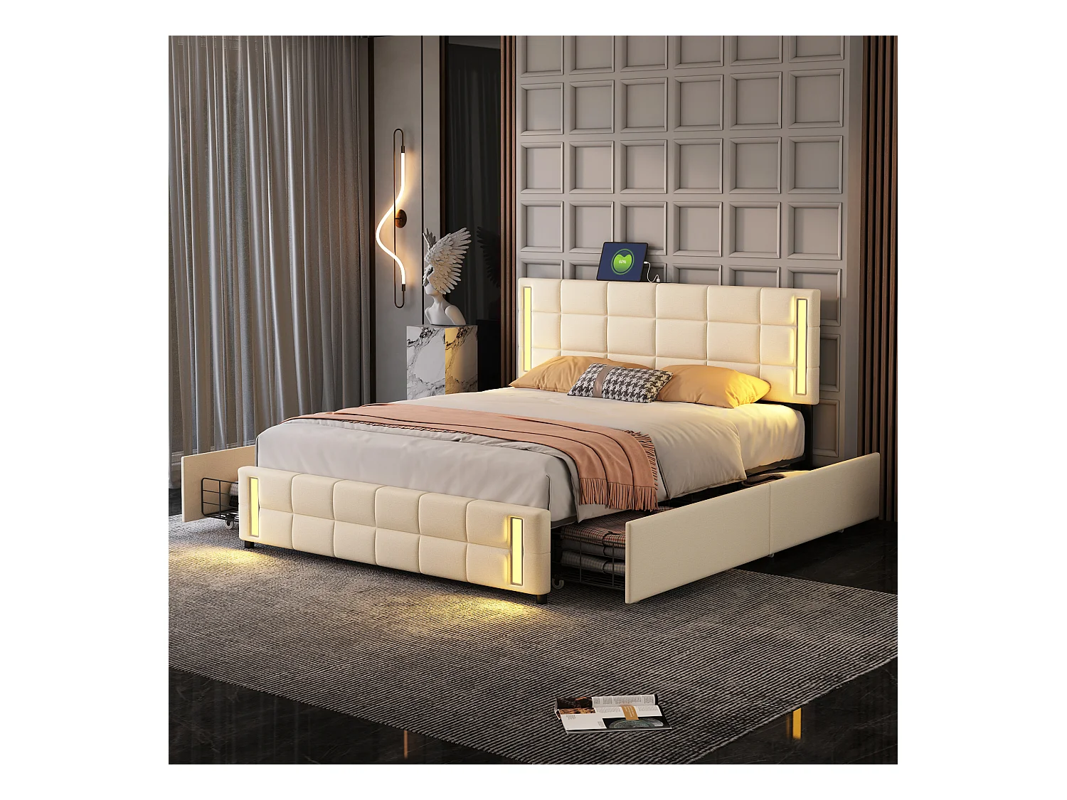 Lit rembourré 140x200 cm beige, LED avec prise USB, 4 tiroirs, lin doux pour la peau, lit simple plat pour enfant, ado ou invités