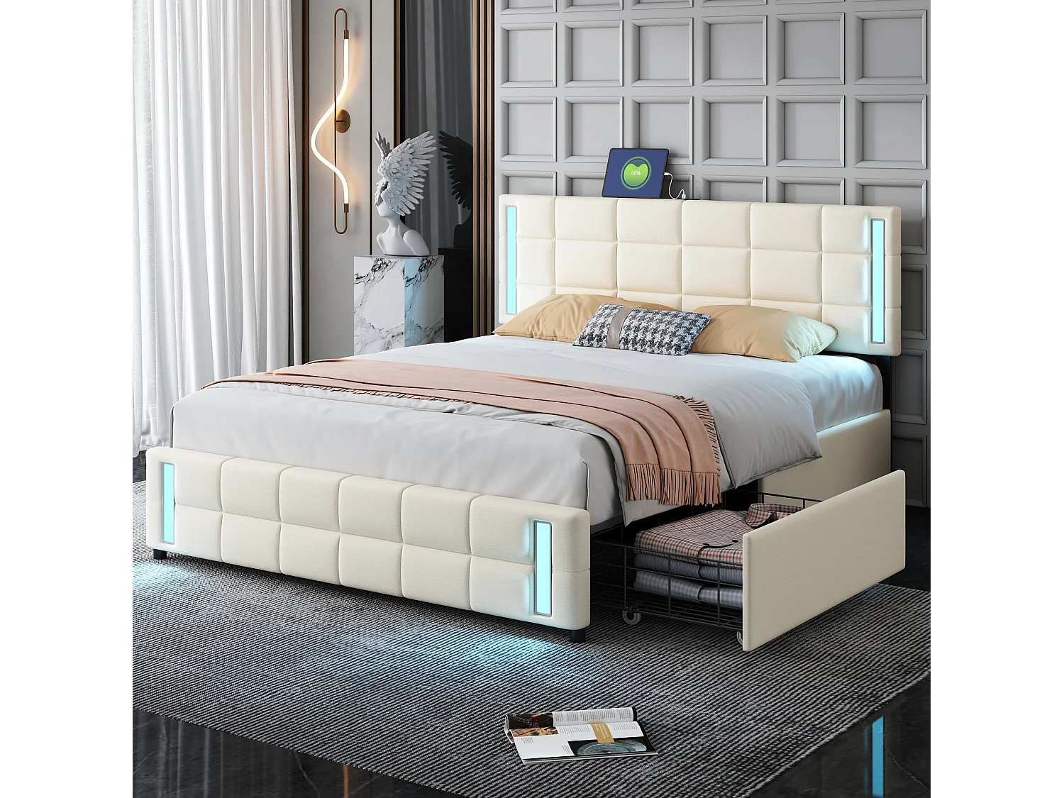 Lit rembourré 140x200 cm beige, LED avec prise USB, 4 tiroirs, lin doux pour la peau, lit simple plat pour enfant, ado ou invités