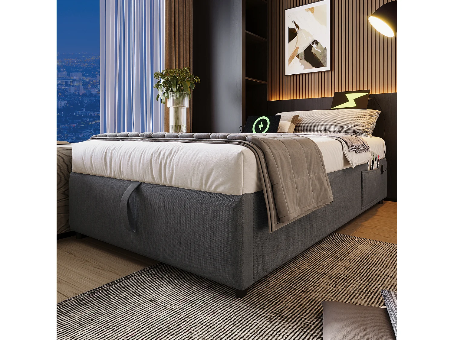 Lit tapissier simple 90×190cm : Lit à rangement (USB-C), lattes de support pleine surface, sans tête de lit, coton, gris