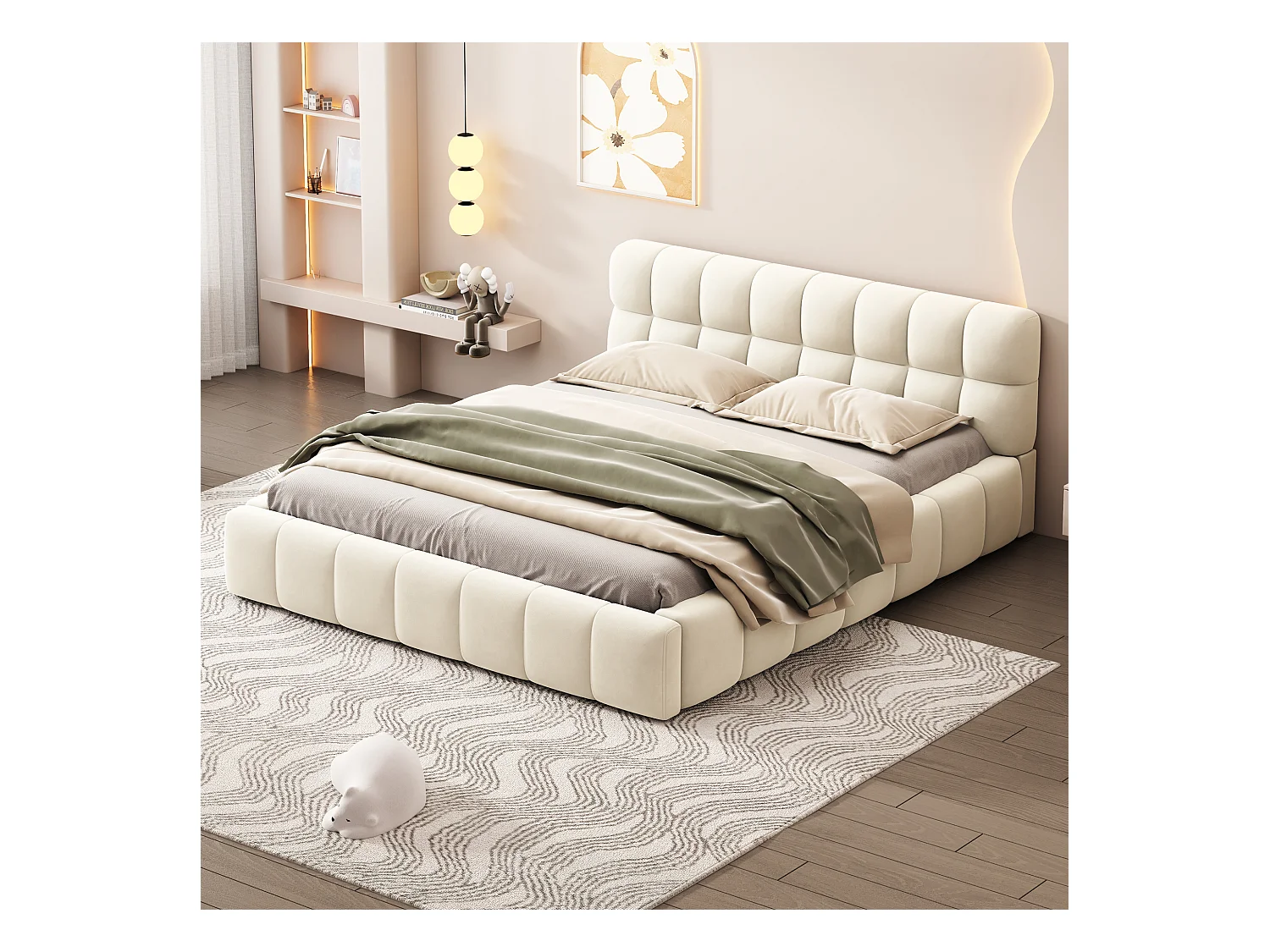 Lit capitonné 140 x 190 cm, Lit pour adolescent, Lit double avec dossier moelleux, Sommier en lin beige (Matelas non inclus)