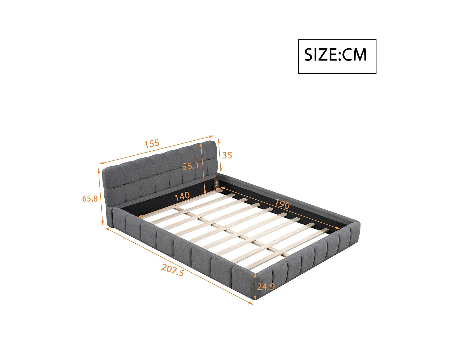 Lit capitonné 140 x 190 cm, Lit pour adolescent, Lit double avec dossier moelleux, Sommier en lin beige (Matelas non inclus)